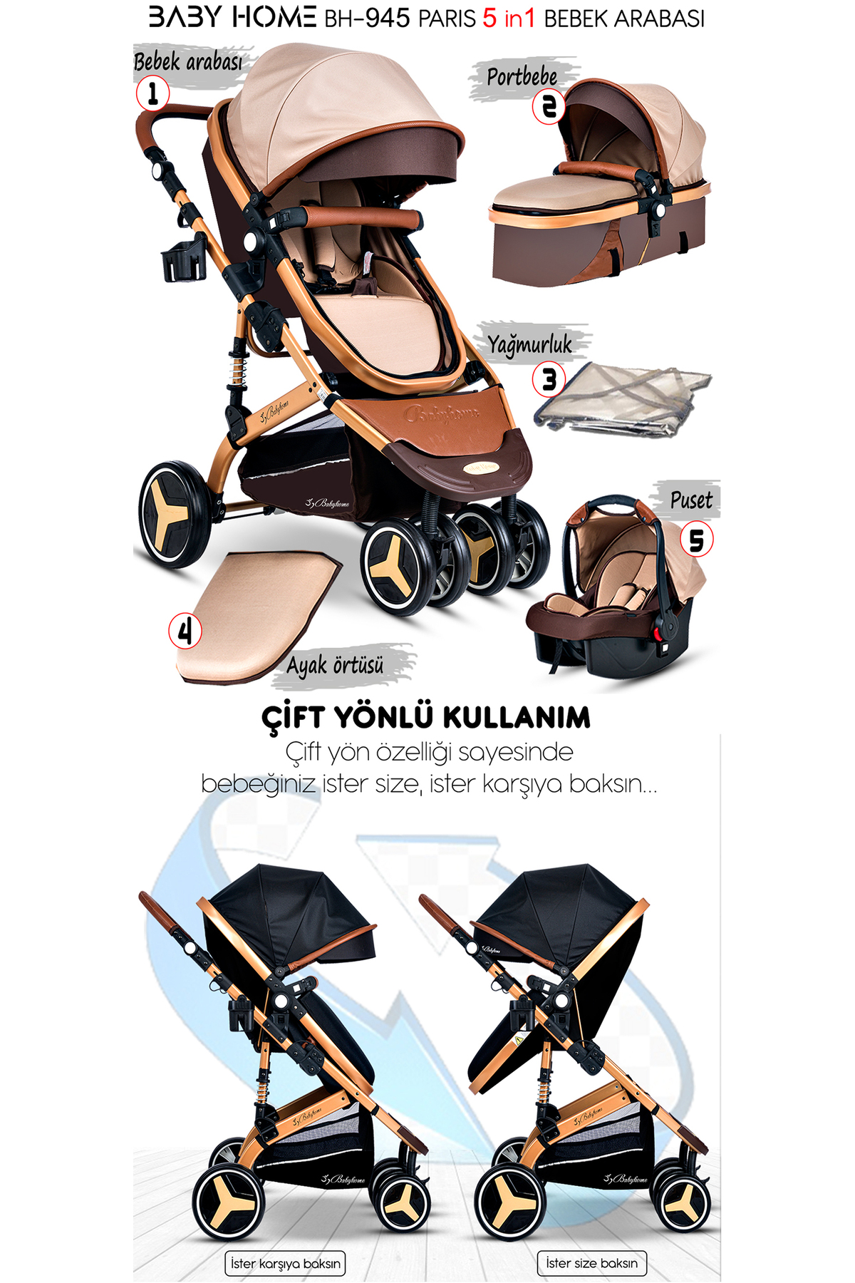 Baby Home Bh-945 Paris Amortisörlü Travel Sistem Bebek Arabası fotoğrafı 2 (önizleme)
