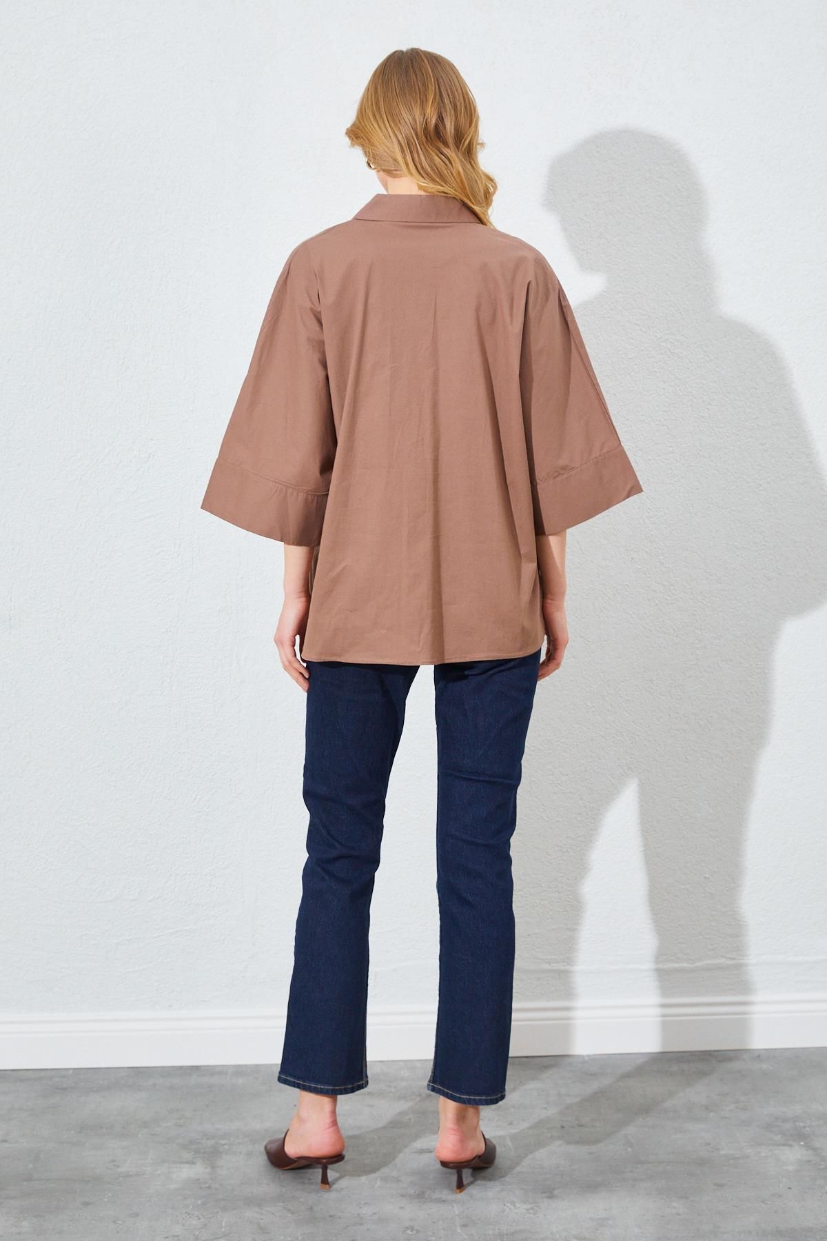 TENA-Women's Brown Low Sleeve Front Placket Loose Cut Shirt 5