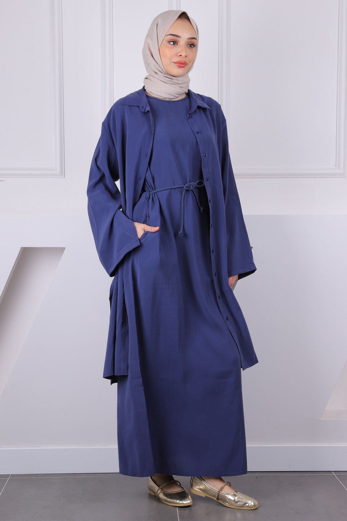 İmajButik-Set combinat rochie tunică cu șnur cu talie bleumarin 2