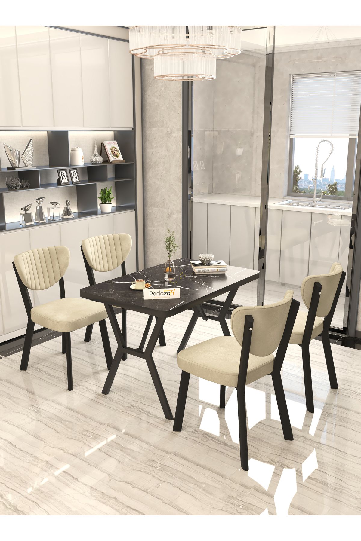 Parlazonhome Aras 70x110cm Sabit Siyah, Yemek Masası, Yemek Masası Takımı, 4 Krem Sandalye