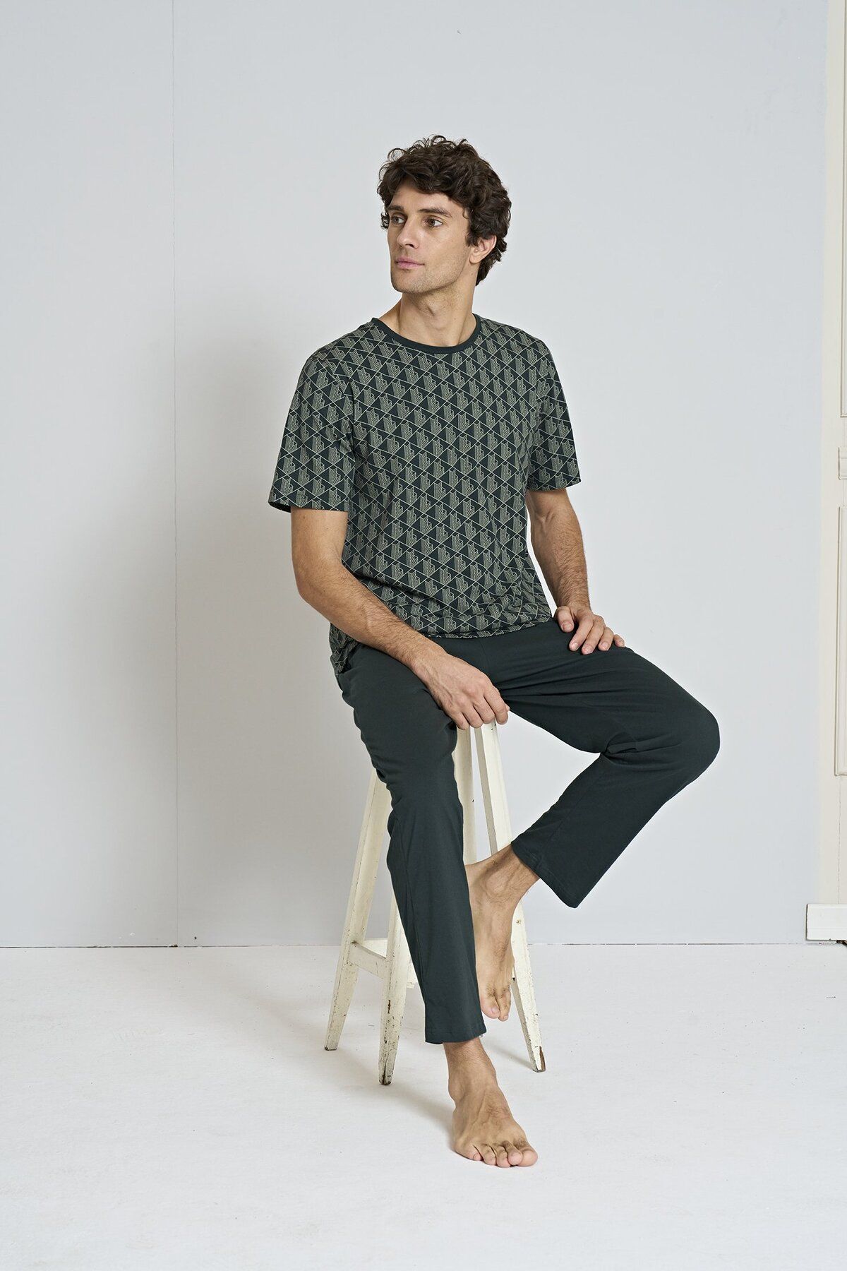 EGETEKS Erkek Lacivert Geometric Desen Bisiklet Yaka Kısa Kollu Pijama Takımı