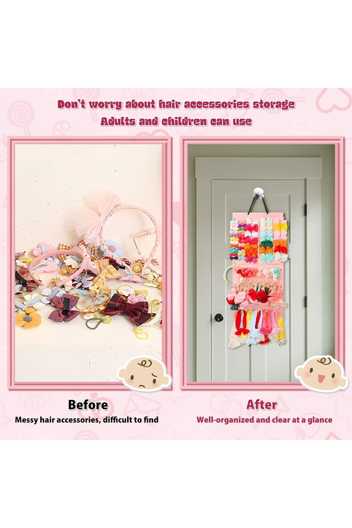 auvstar-Hanging Organizer for Hair Clips/Bars, Textile, Pink 5