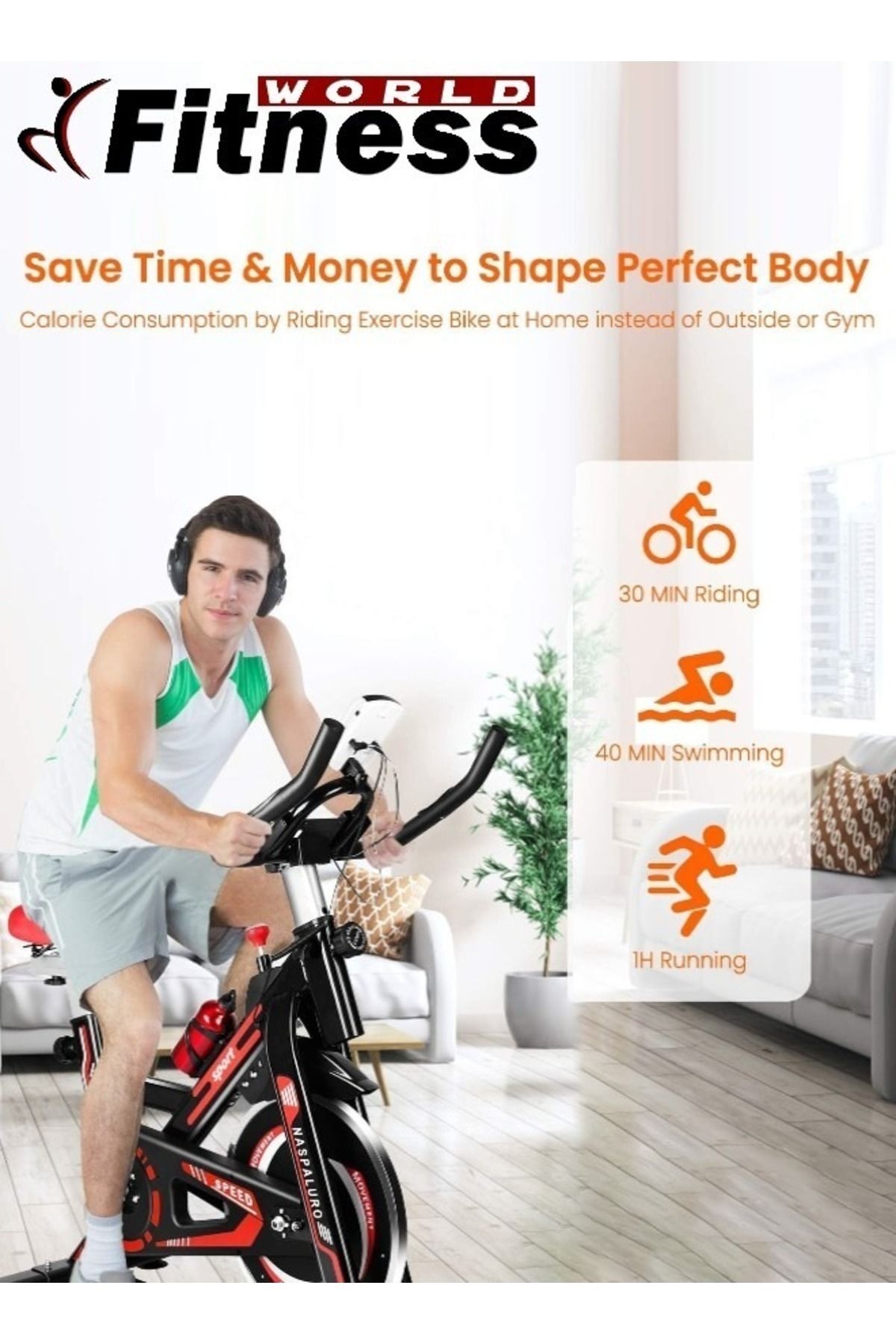 Fitness World-Exercise Bike with iPad Holder, Home Gym Exercise Bike with LCD Screen and Professional Seat 4