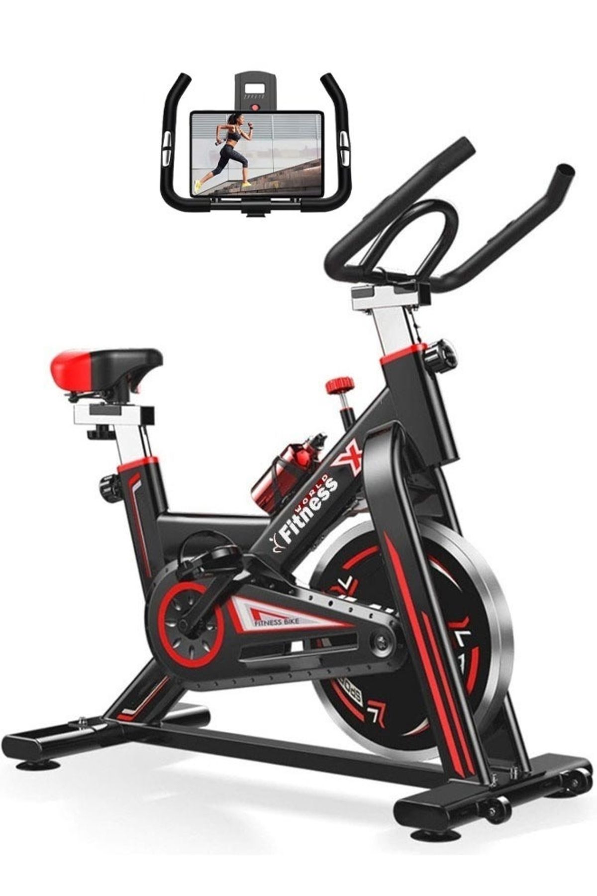 Fitness World-Exercise Bike with iPad Holder, Home Gym Exercise Bike with LCD Screen and Professional Seat 1