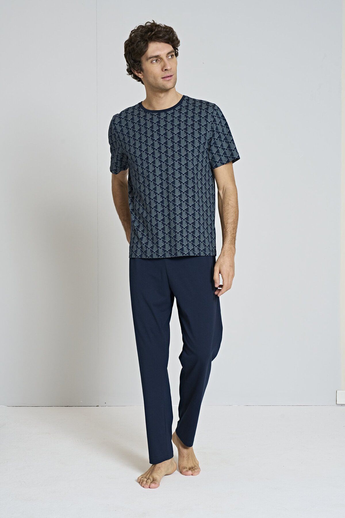 EGETEKS Erkek Lacivert Geometric Desen Bisiklet Yaka Kısa Kollu Pijama Takımı
