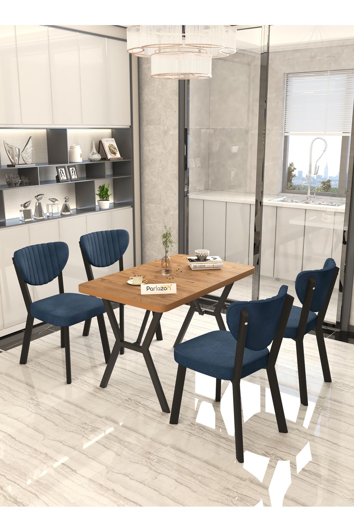 Parlazonhome Aras 70x110cm Sabit Atlantik, Yemek Masası, Yemek Masası Takımı, 4 Antrasit Sandalye