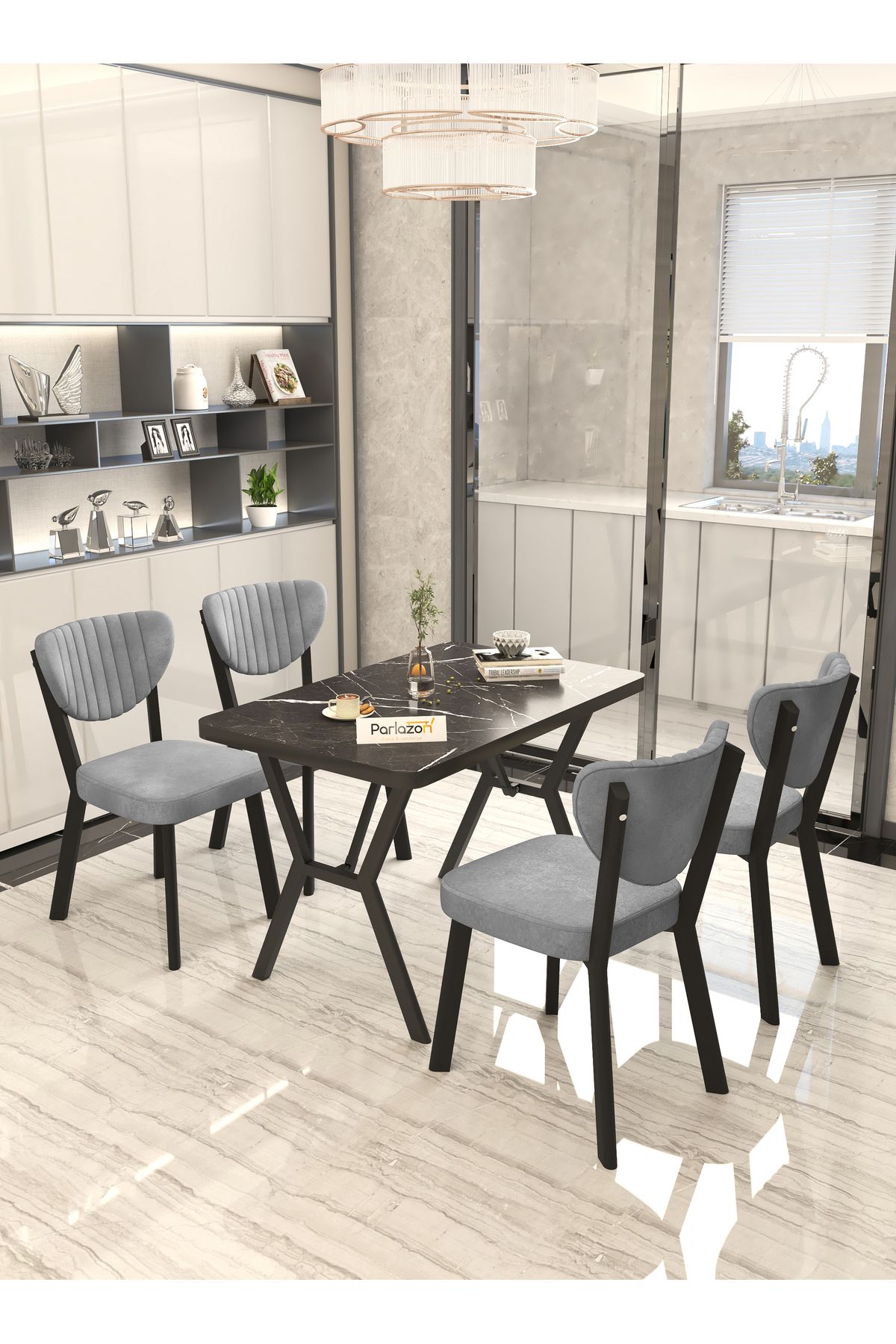 Parlazonhome Aras 70x110cm Sabit Siyah, Yemek Masası, Yemek Masası Takımı, 4 Gri Sandalye
