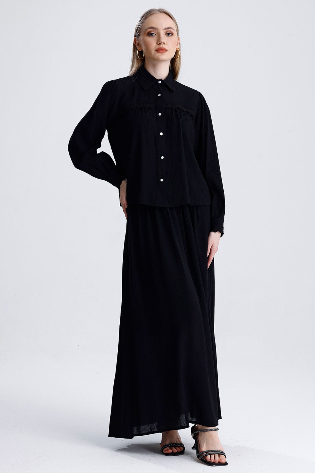 MD trend-Women's Lace Detailed Pocket Bell Skirt and Crop Shirt Double Summer Linen Set 7