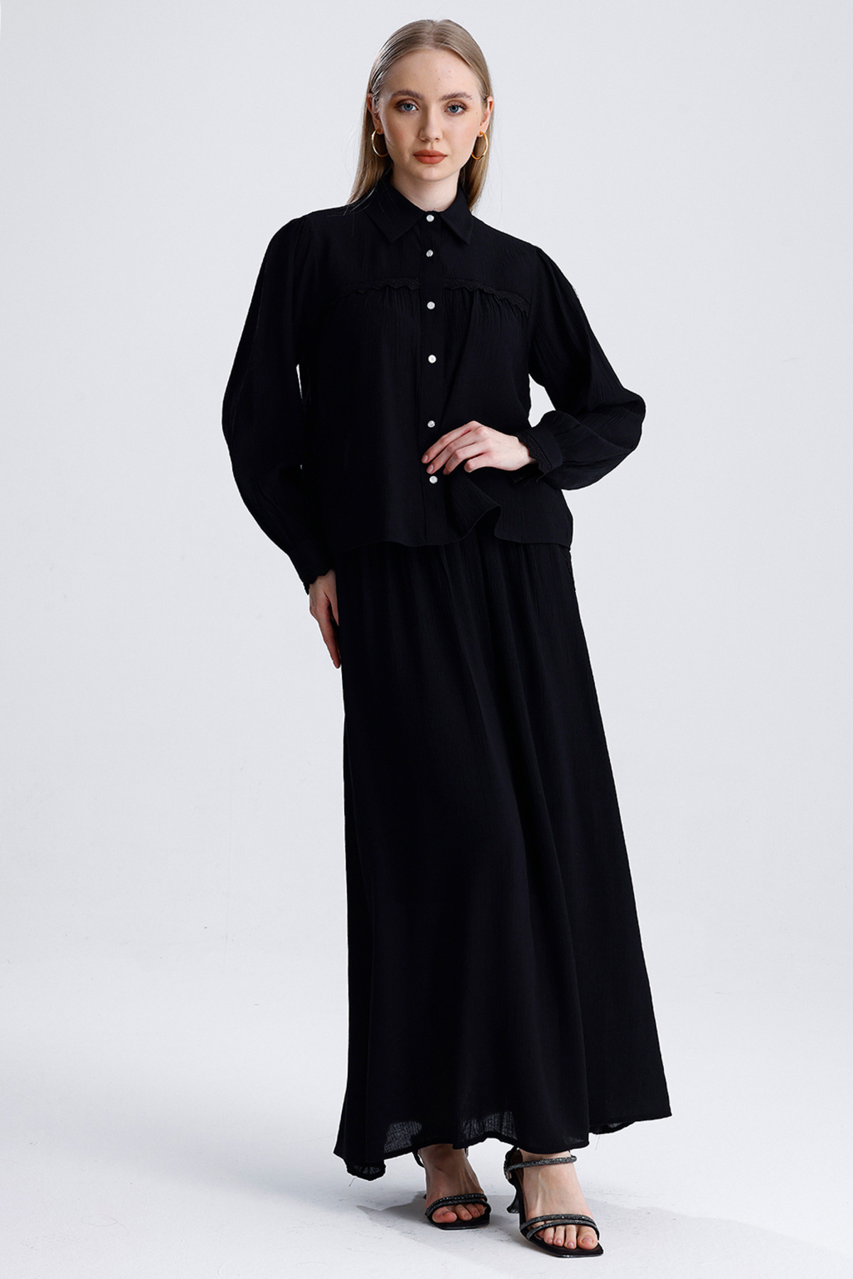 MD trend-Women's Lace Detailed Pocket Bell Skirt and Crop Shirt Double Summer Linen Set 6