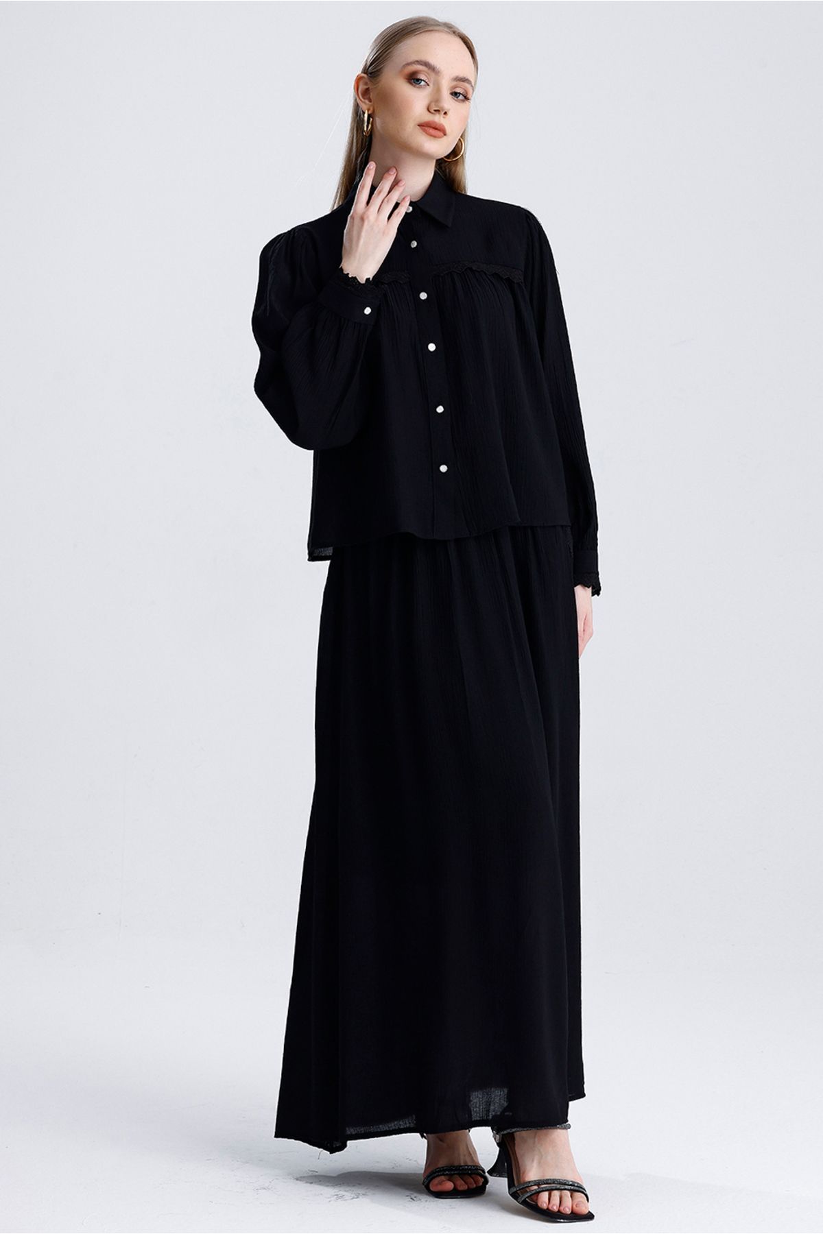 MD trend-Women's Lace Detailed Pocket Bell Skirt and Crop Shirt Double Summer Linen Set 3