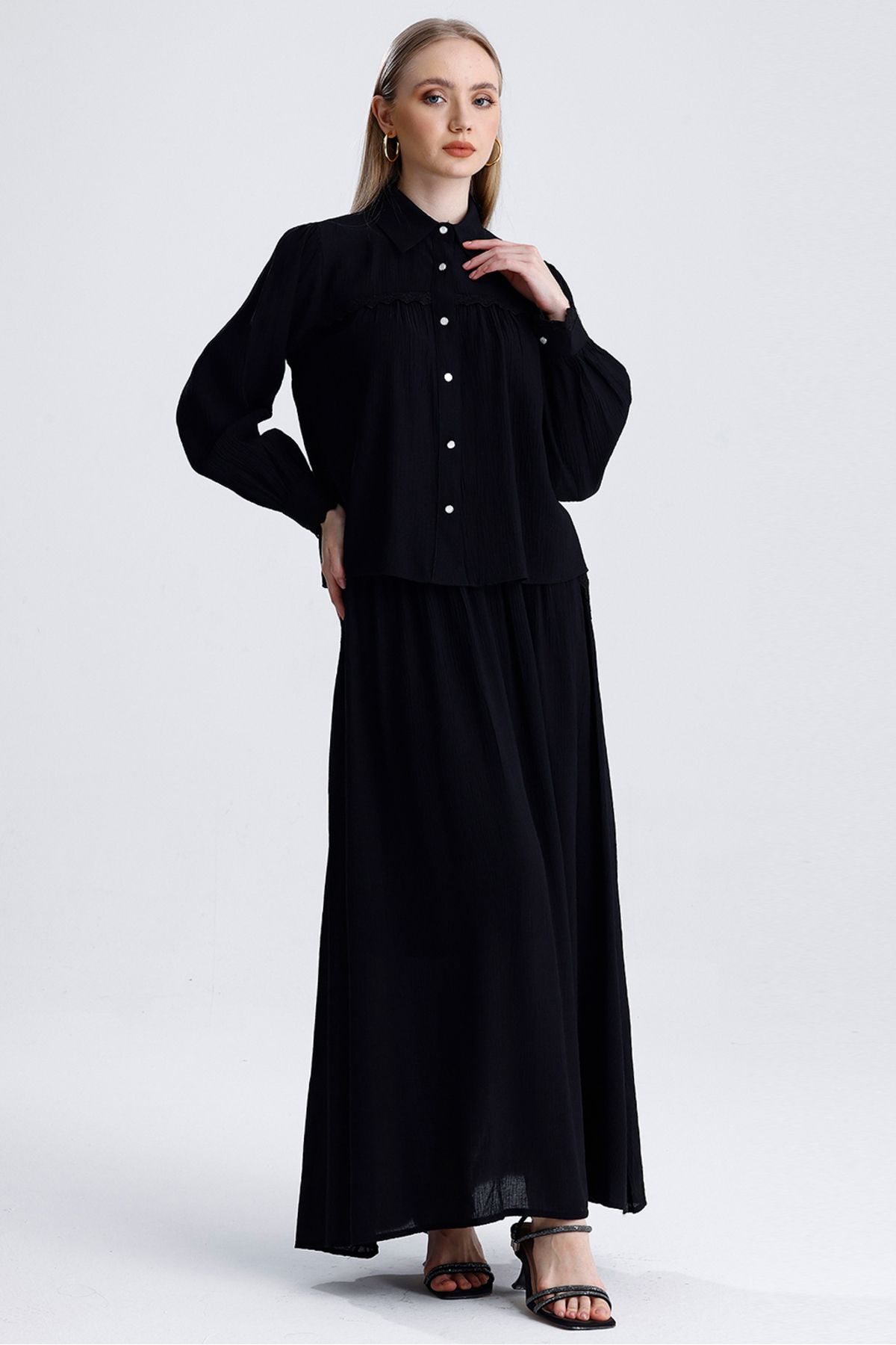 MD trend-Women's Lace Detailed Pocket Bell Skirt and Crop Shirt Double Summer Linen Set 5