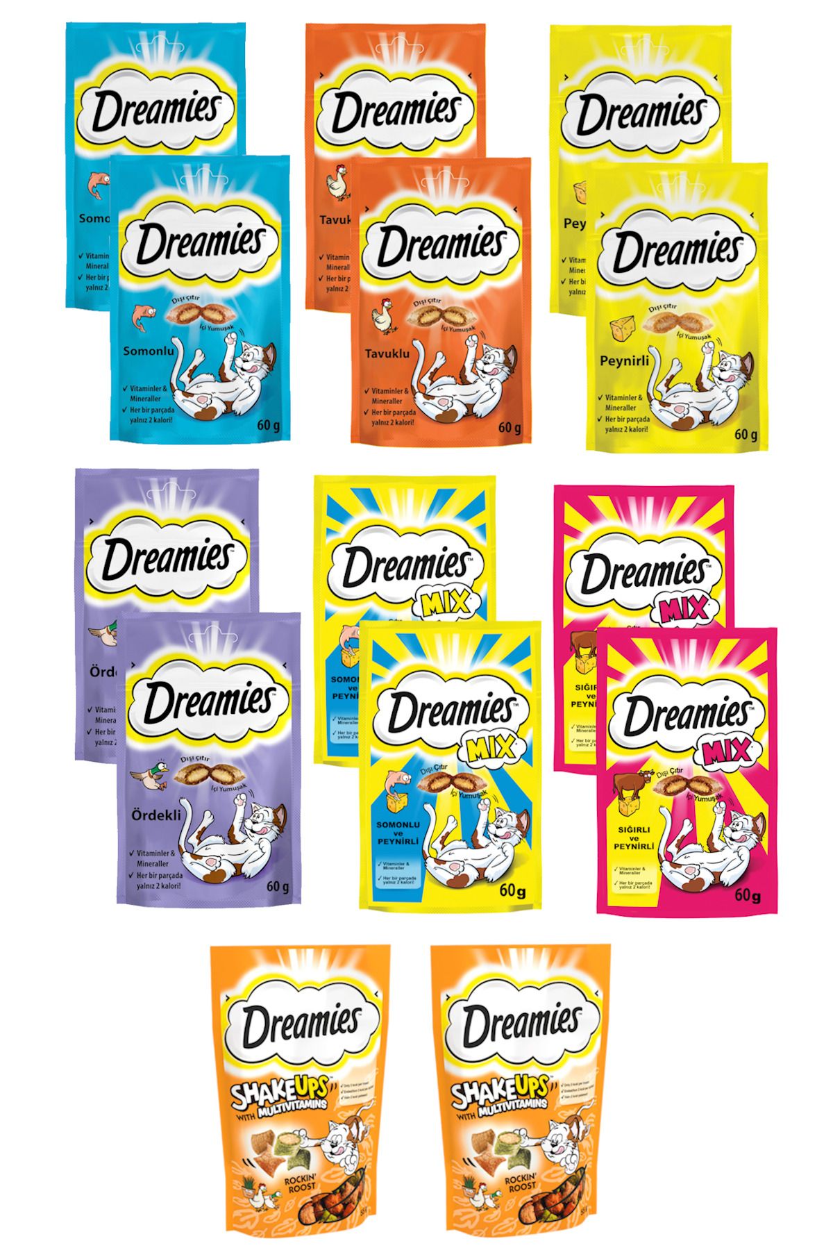 Dreamies Kedi Ödül Mama Seti 60 gr x 14 Adet (Sığır-Peynir,Somon-Peynir,Tavuk,Ördek,Somon,Peynir,Shake Up)