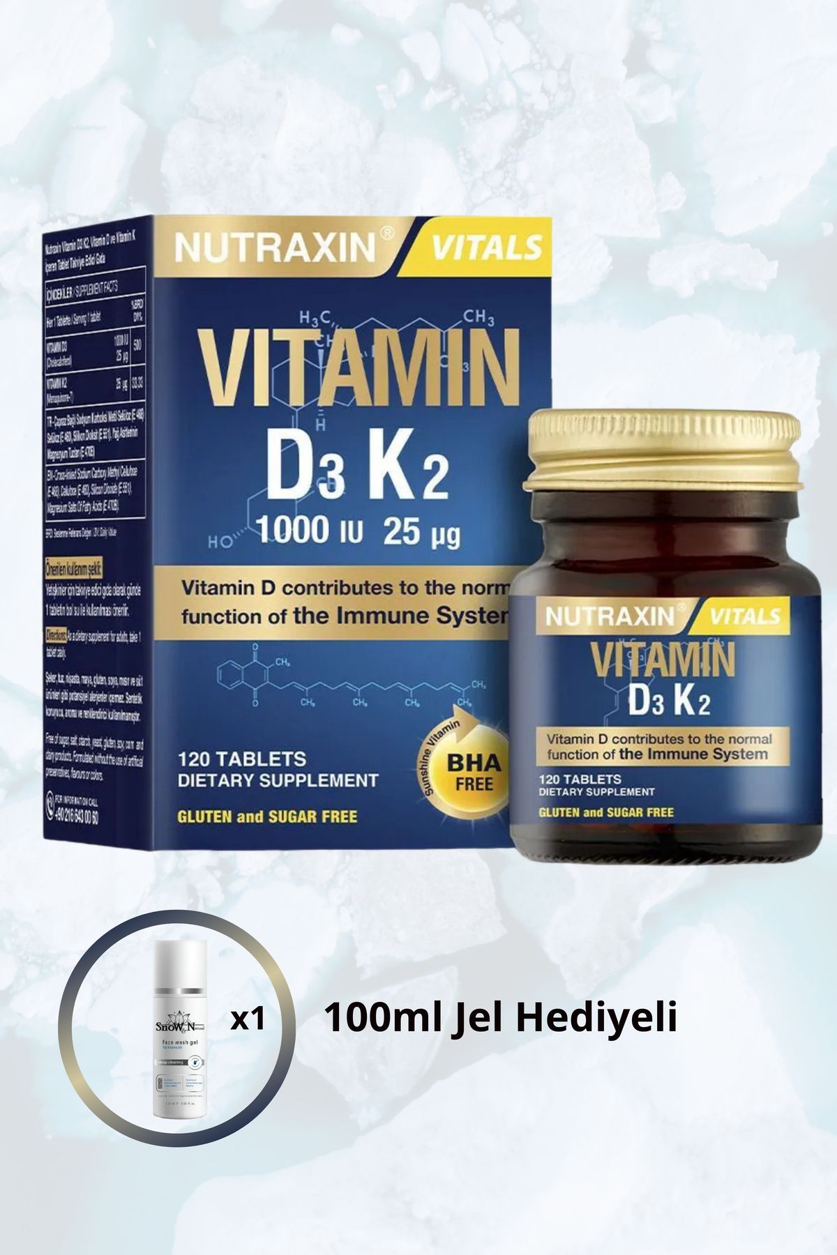 Nutraxin D3K2 120 Tablet - 1000 IU D3 vitamini, 25 mcg K2 vitamini Takviye Edici Gıda