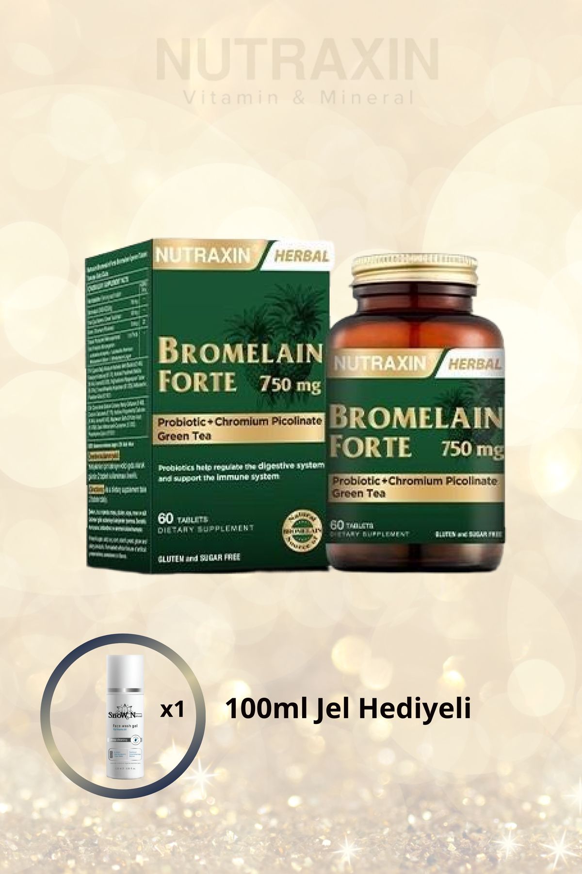 Nutraxin Bromelain Forte 750 Mg 60 Tablet - Probiyotik Chrom Yeşilçay & 100 ml yüz temizleme jeli