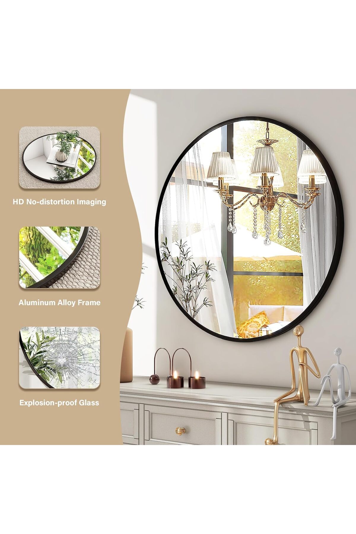 مرآه حائط دائرية انيقة اطار اسود مقاس 100سم