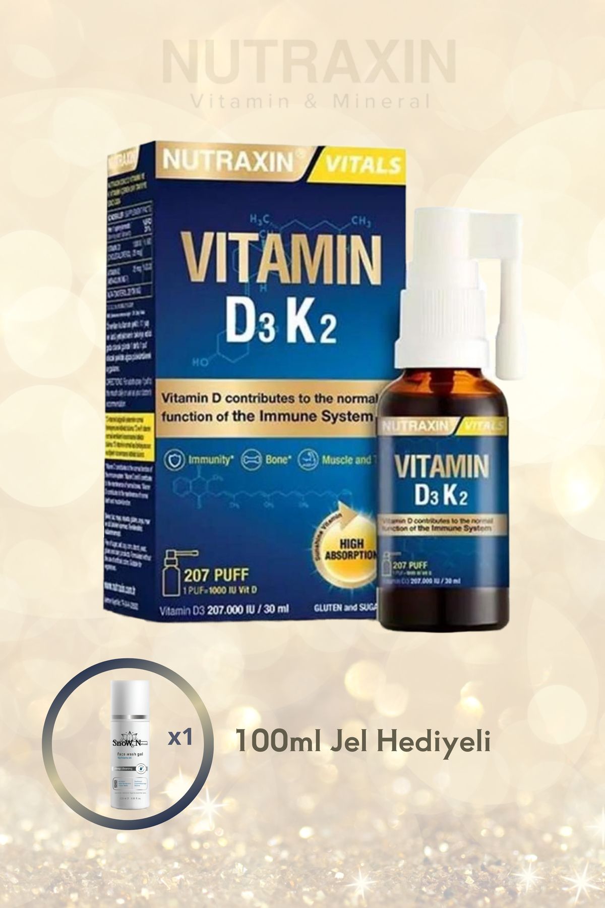 Nutraxin Vitamin D3K2 Sprey 30 ML D3 K2 Vitamini & 100 ML YÜZ TEMİZLEME JELİ HEDİYE