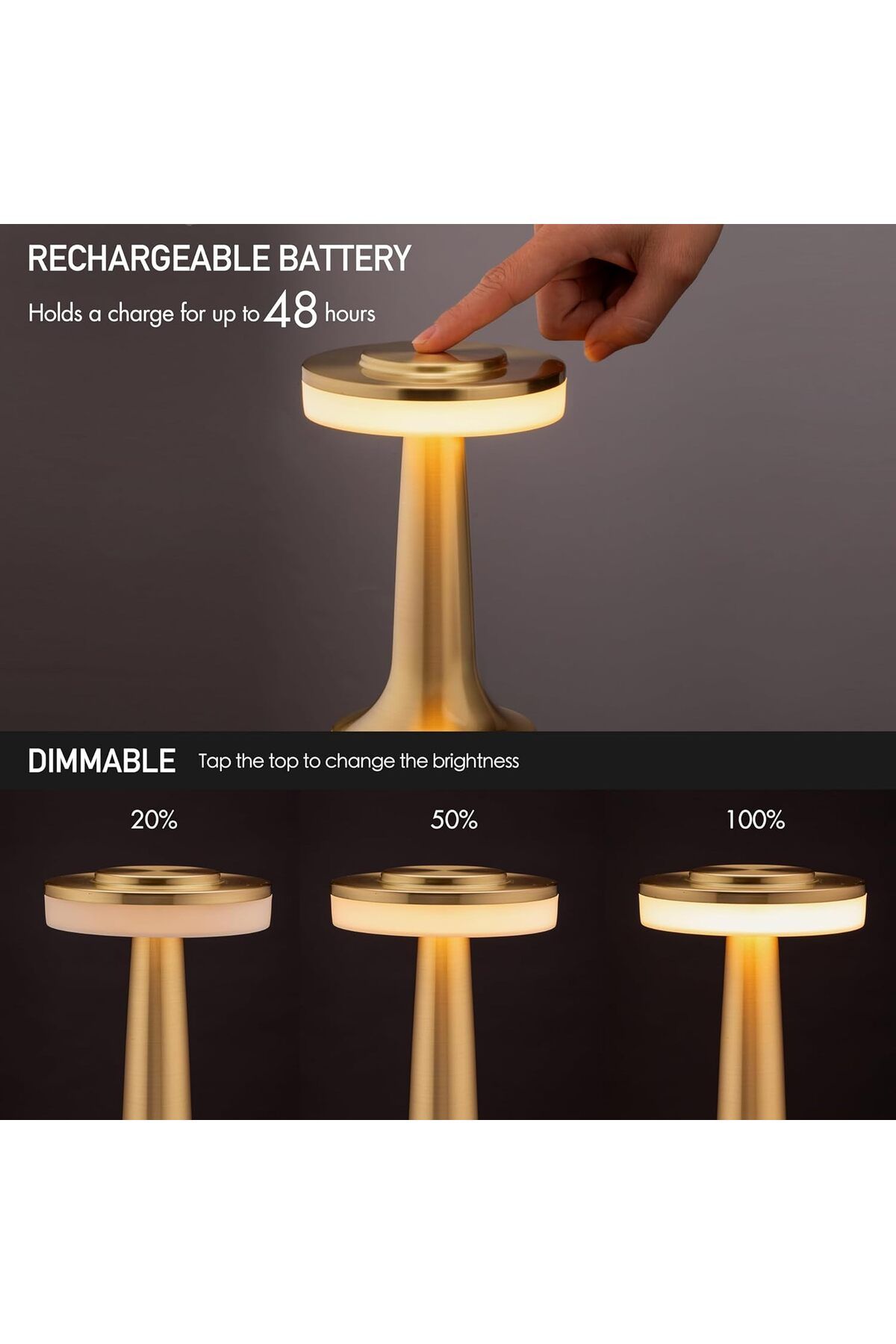 COOYA-Portable LED Table Lamp,With Touch Sensor,3-Levels Brightness,21cm,Rechargeable Battery,Gold 3