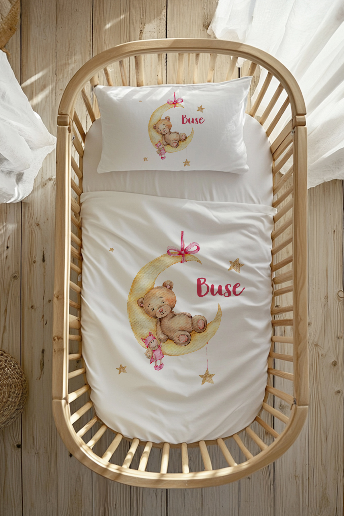 100% Cotton Satin Named Mother's Side Crib Duvet Cover Set (60X100 CM) Teddy Bear