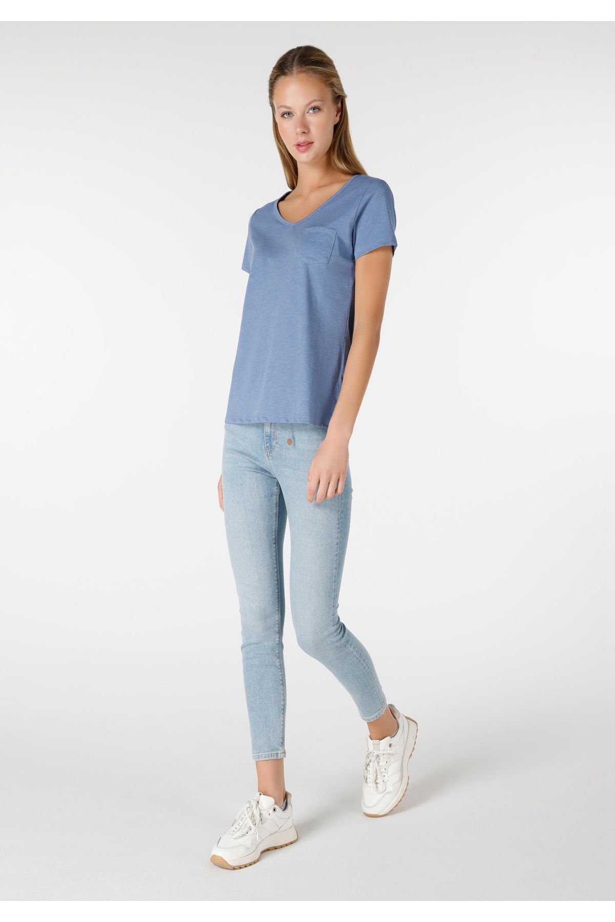 Colin's-Tricou albastru cu mânecă scurtă pentru femei, cu decolteu în V, cu croiala normală, Cl 1034536 4