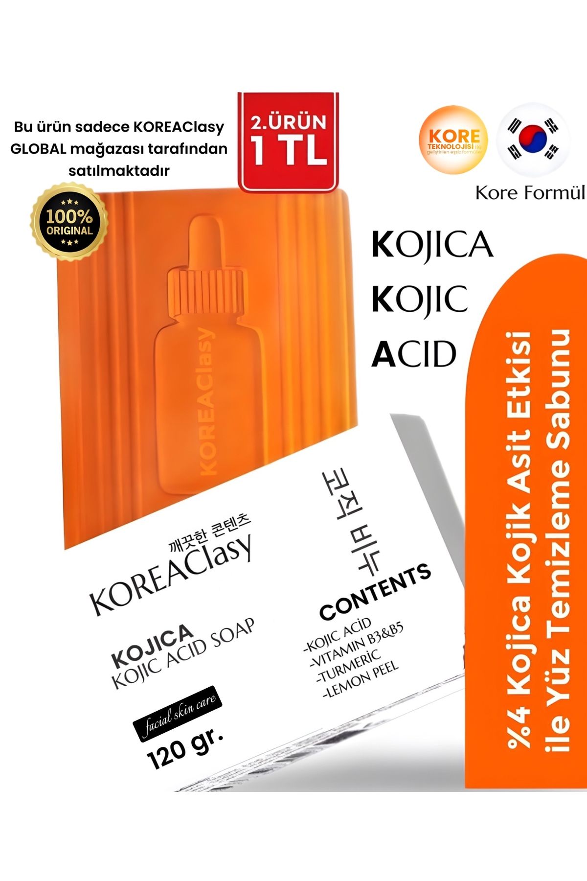 KOREAClasy Kojica Kojic Asit Sabunu, Zerdeçal Ve Kojik Asit Ile Leke Karşıtı Kojik Asit Cilt Bakım Sabunu