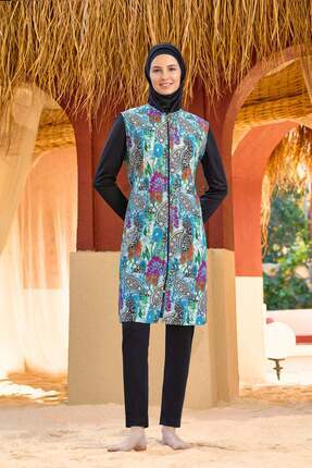 Elit Siyah Renkli Desen Uzun Kollu Fermuarlı Tam Kapalı Tesettür Mayo  9260