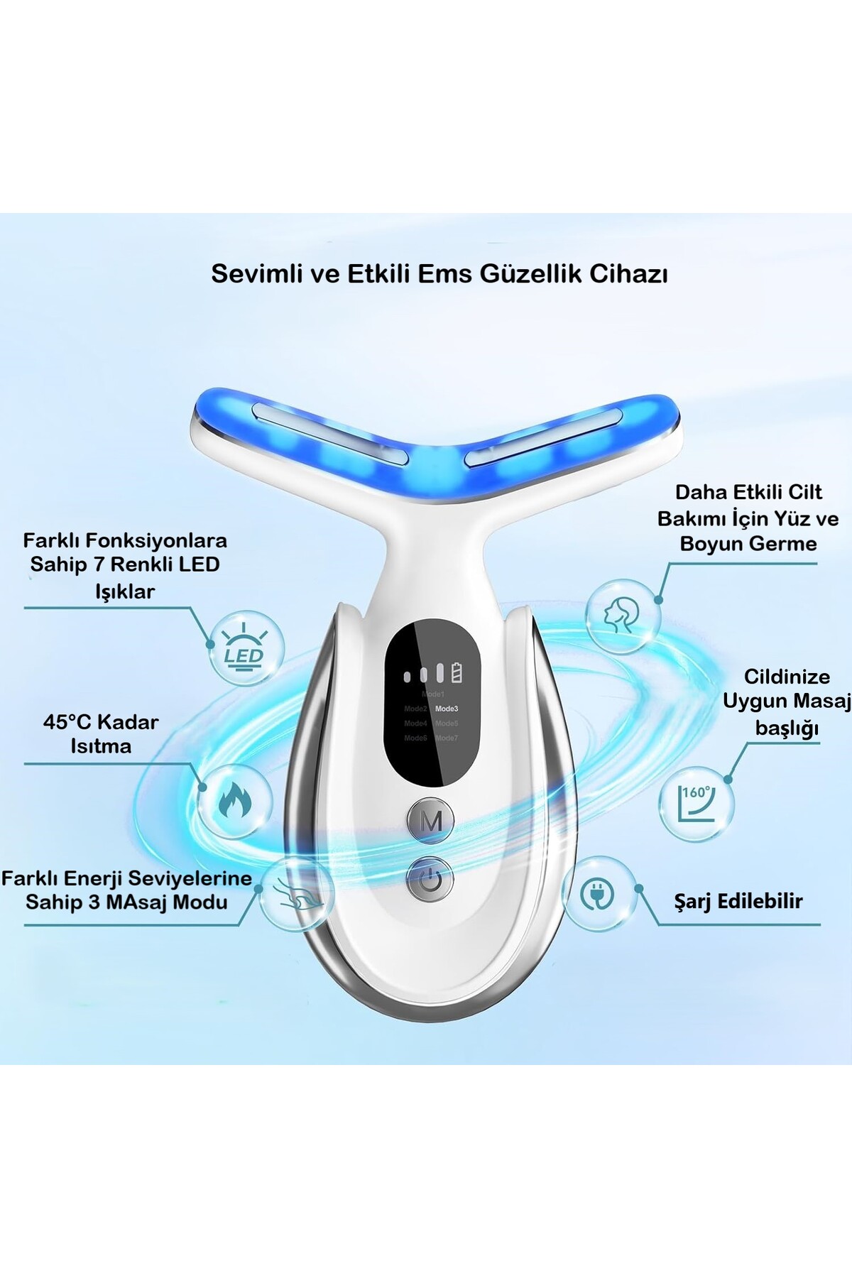 LED Ekranlı 7 Programlı EMS Yüz ve Boyun Güzellik Cihazı – Gıdık, Sarkma ve — سفید BGZNBD001 — تصویر 4 از 8