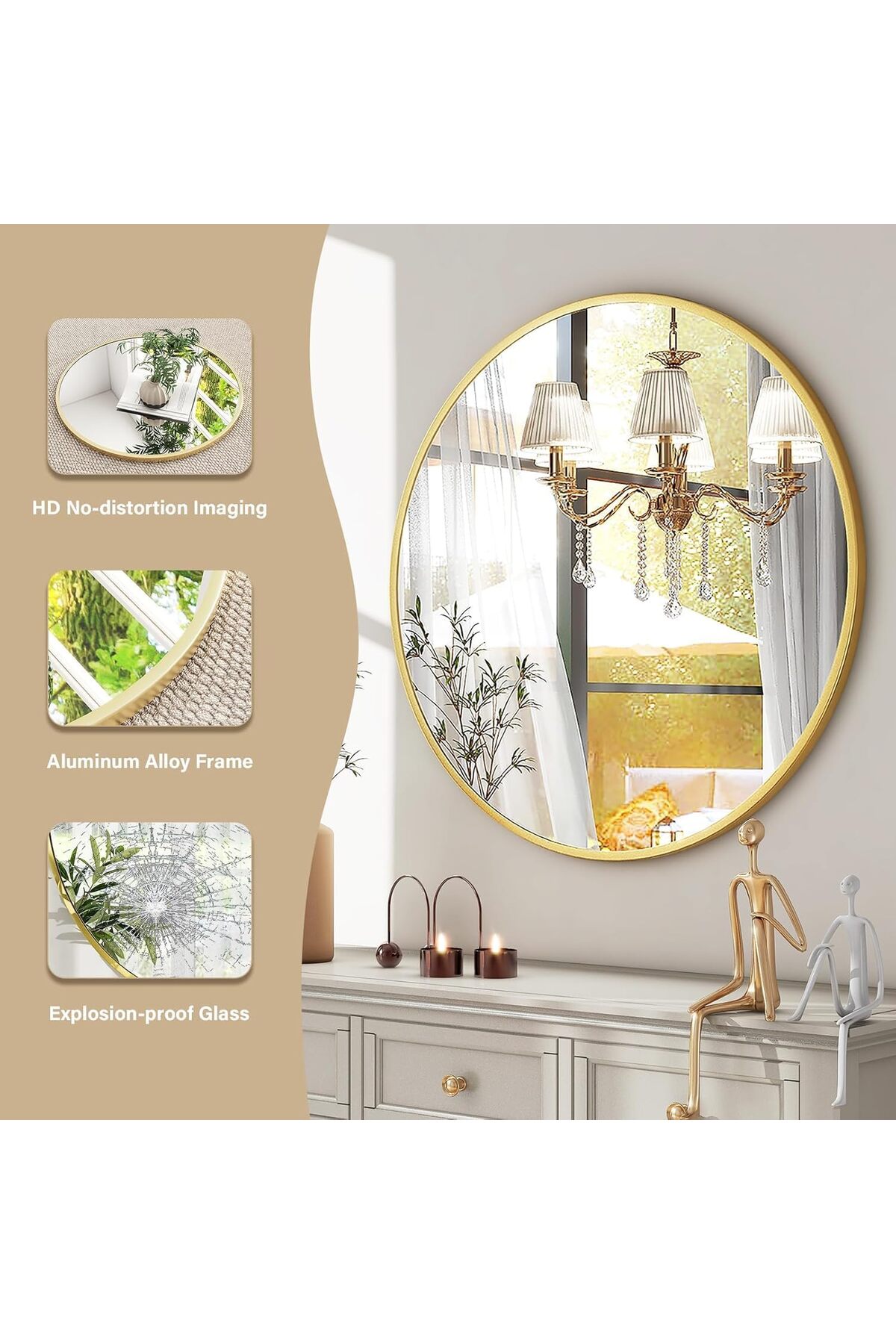 مرآه حائط دائرية انيقة اطار ذهبي مقاس 60سم