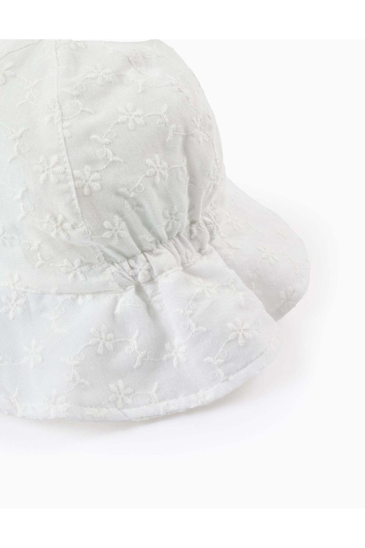 Ziddy-Hat with Flower Embroidery for Baby Girls, White 3