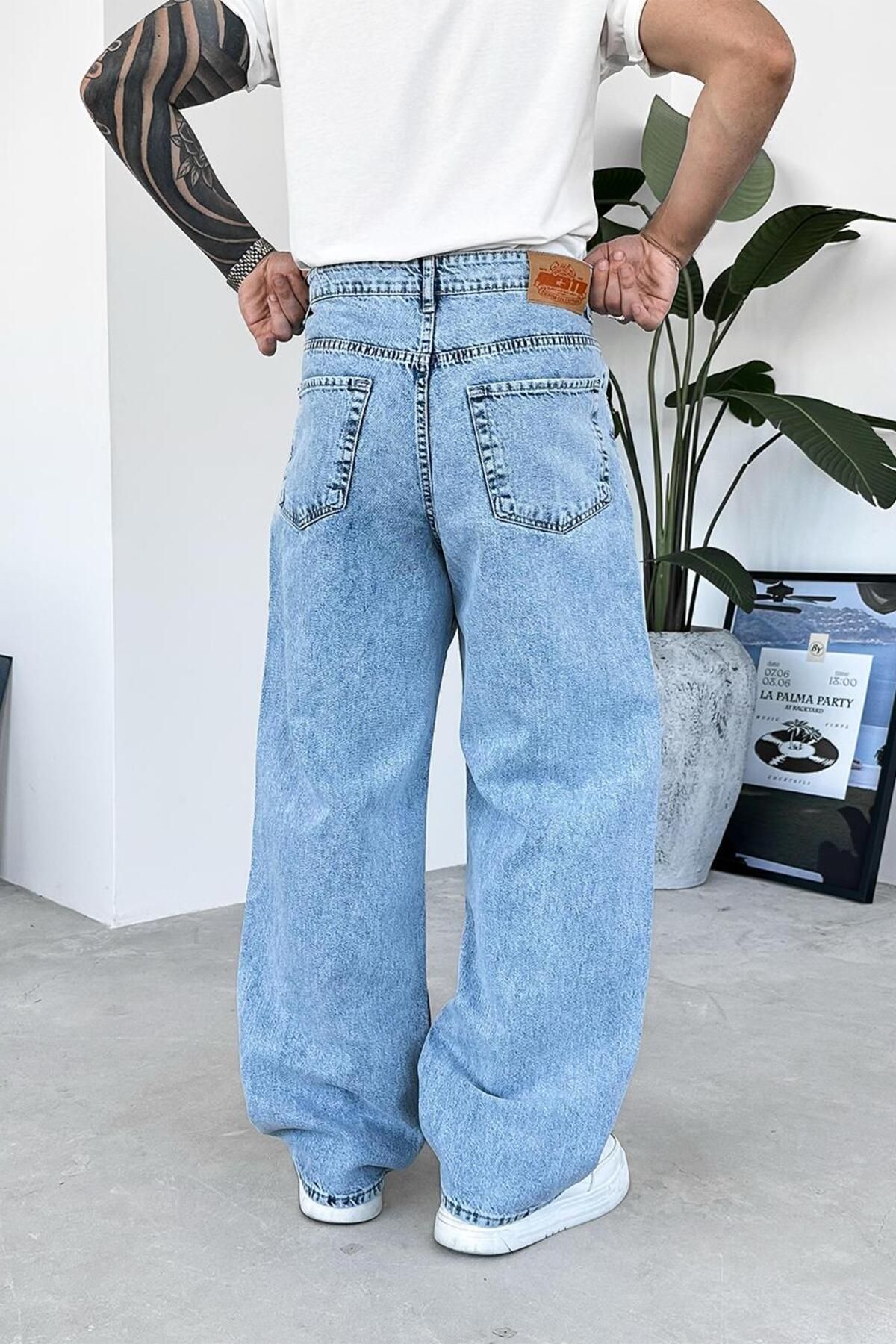 HAFKAGİYİM-Ice Blue Soft Gradient Basic Extra Loose Trousers 3