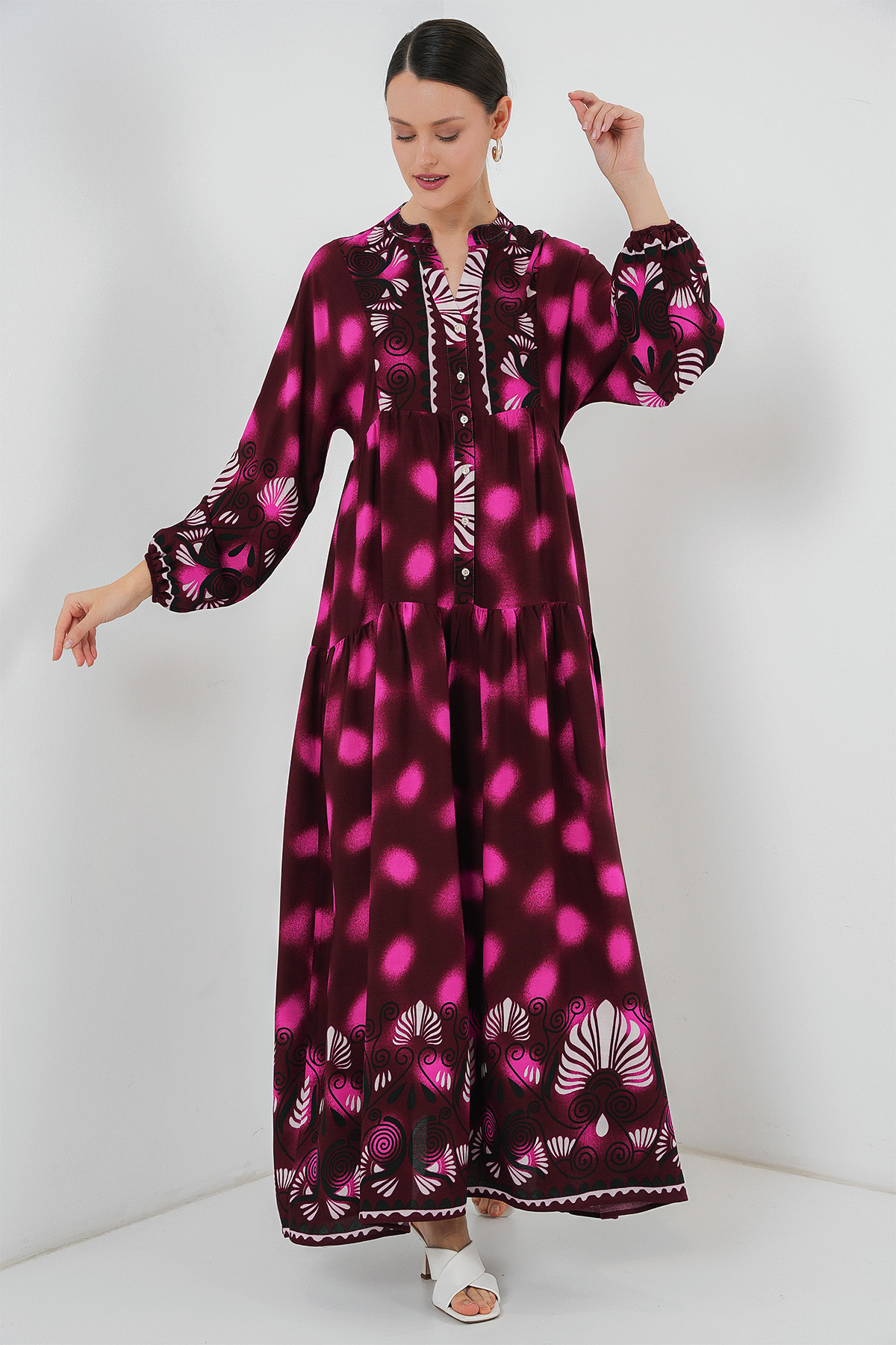 Bigdart-2423 Rochie Hijab Autentică cu Motiv - Roșu Claret - Fucsia 3