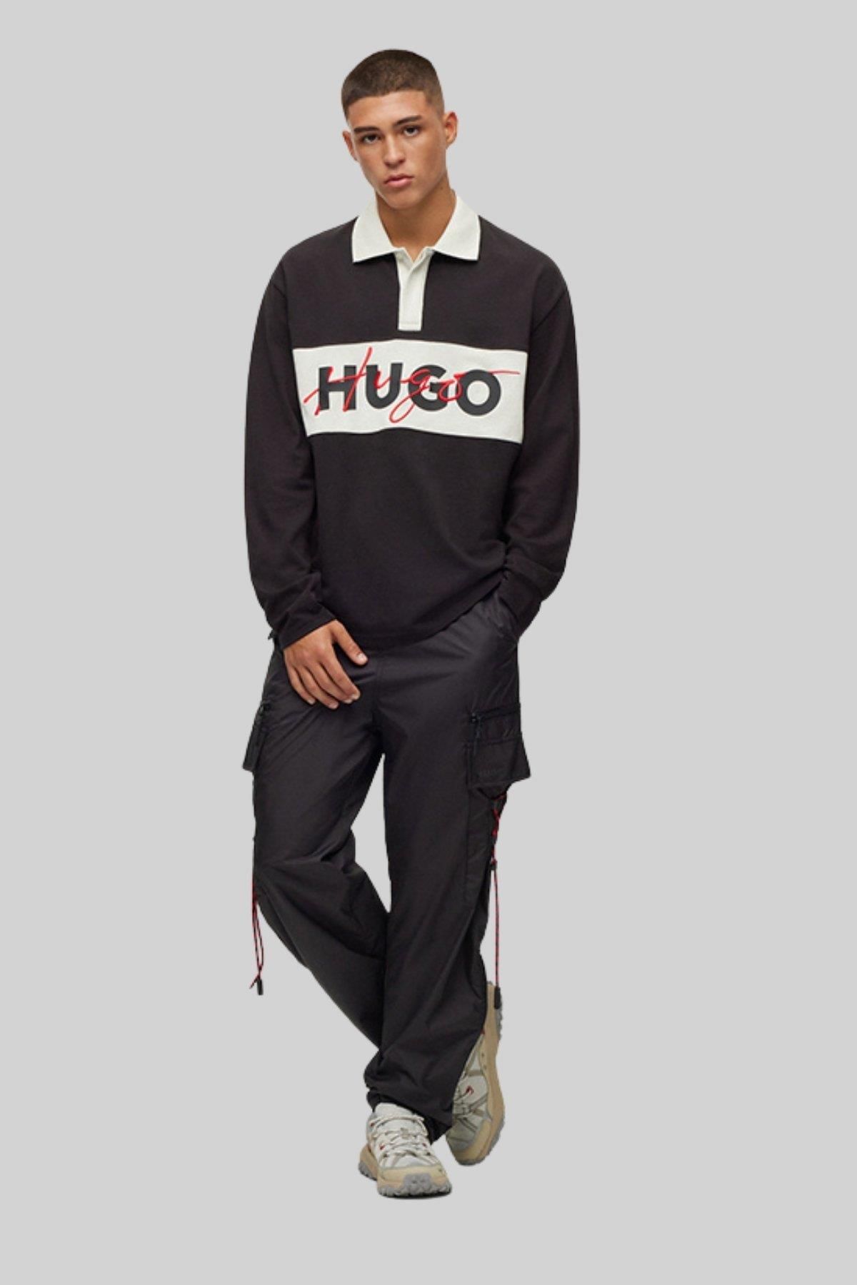 تی شرت یقه پولو مردانه آستین بلند یاکا سیاه و سفید Hugo Boss