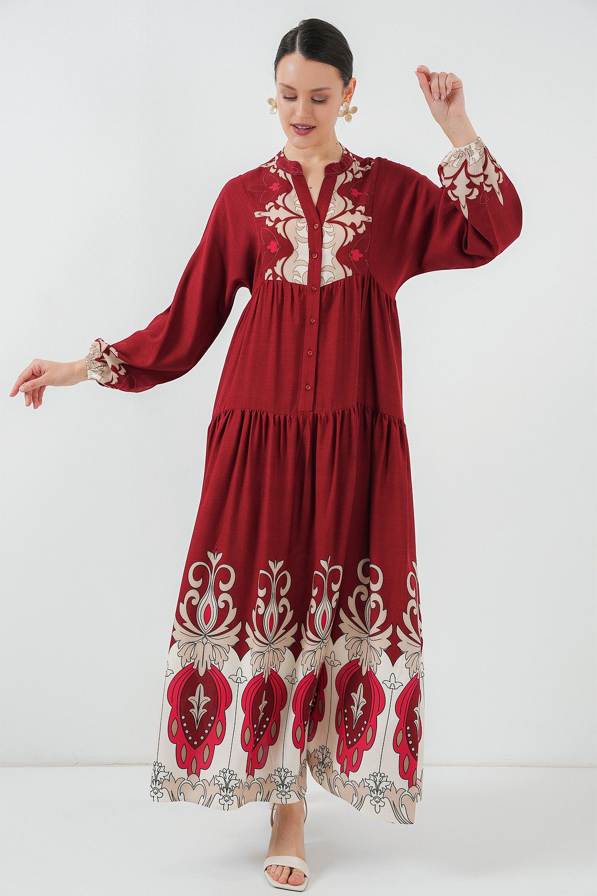 Bigdart-2423 Authentic Patterned Hijab Dress - C. Burgundy 2