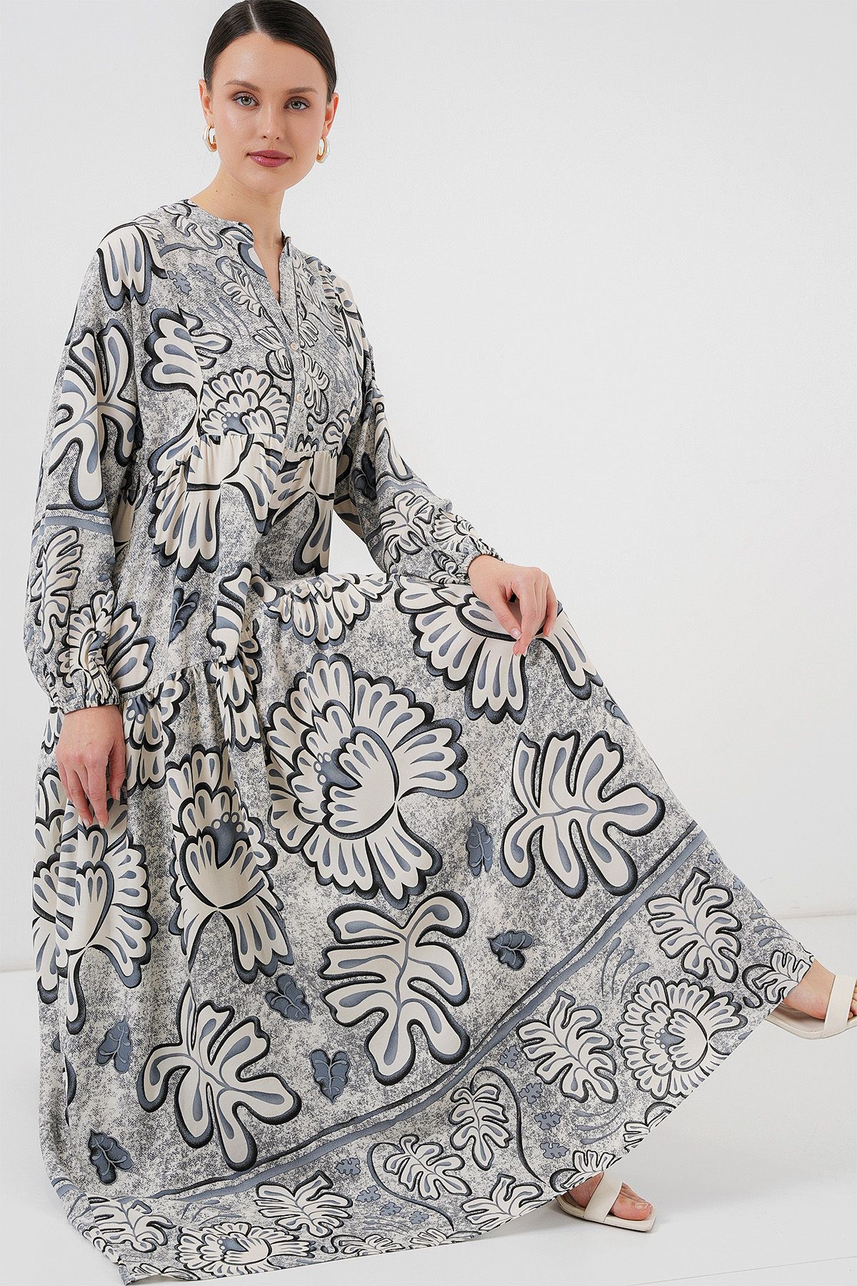Bigdart-2423 Authentic Patterned Hijab Dress - K. Anthracite 2