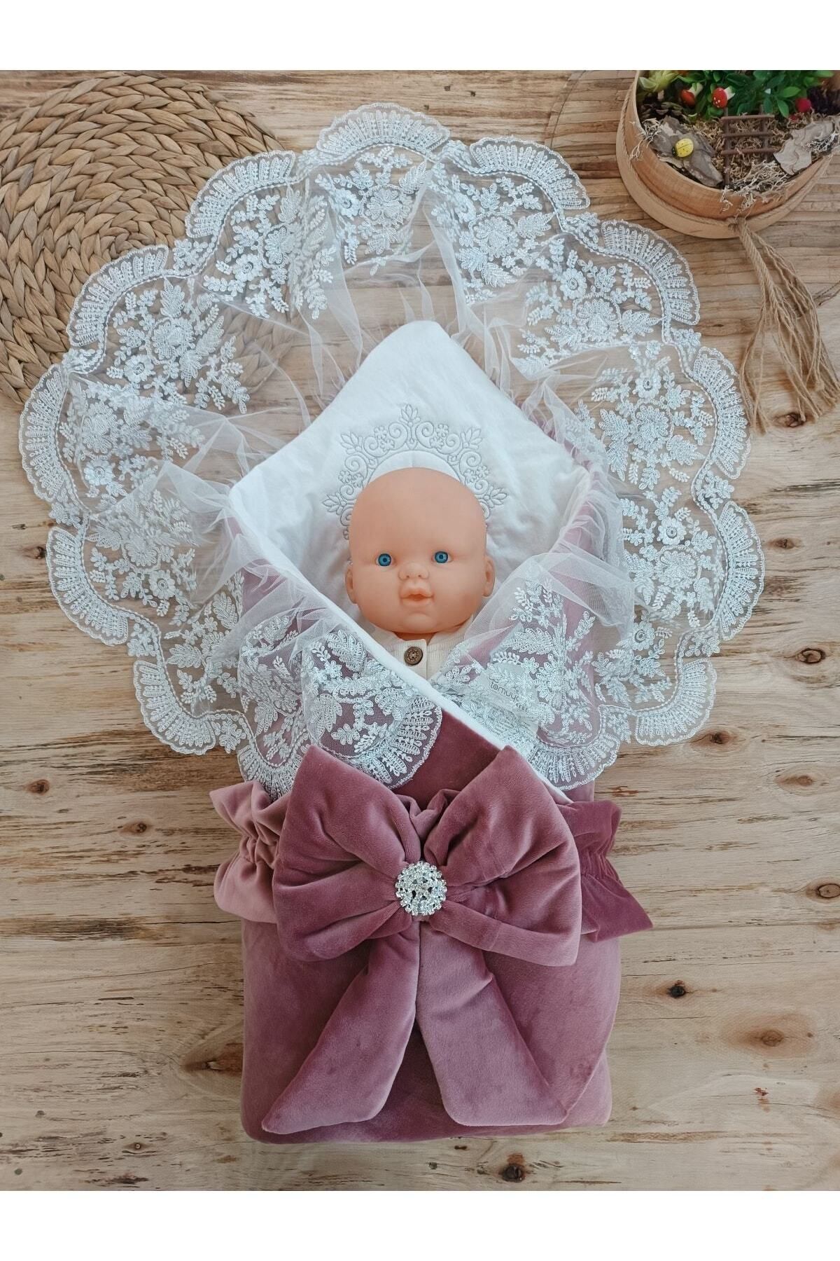 Tomuycuk Kadife Kız Bebek Battaniyesi Dantelli Kundak Hastane Çıkışı Yenidoğan %100 Doğal Pamuktan Hediyelik fotoğrafı 2 (önizleme)