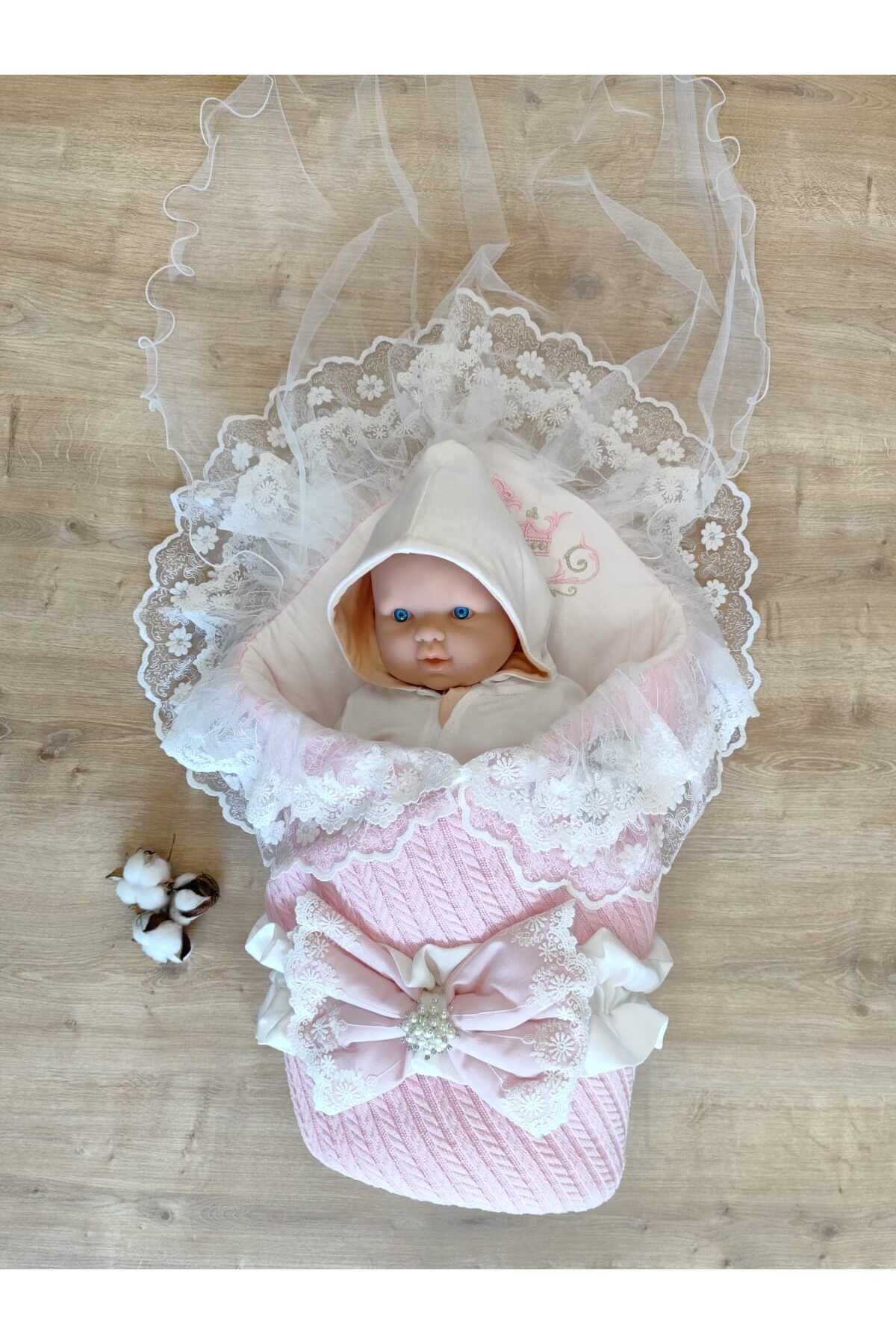 Tomuycuk Pembe Triko Örgü Kız Bebek Batttaniyesi Kundağı Dantelli Yenidoğan Hastane Çıkışı Hediyelik fotoğrafı 7 (önizleme)