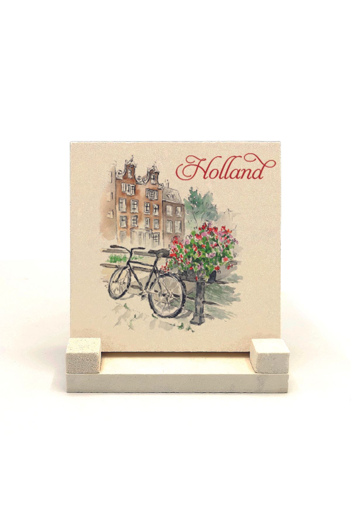 Souvenest Hollanda Bisklet Görseli Baskılı Doğaltaş Masaüstlük 10x10 Krg-39