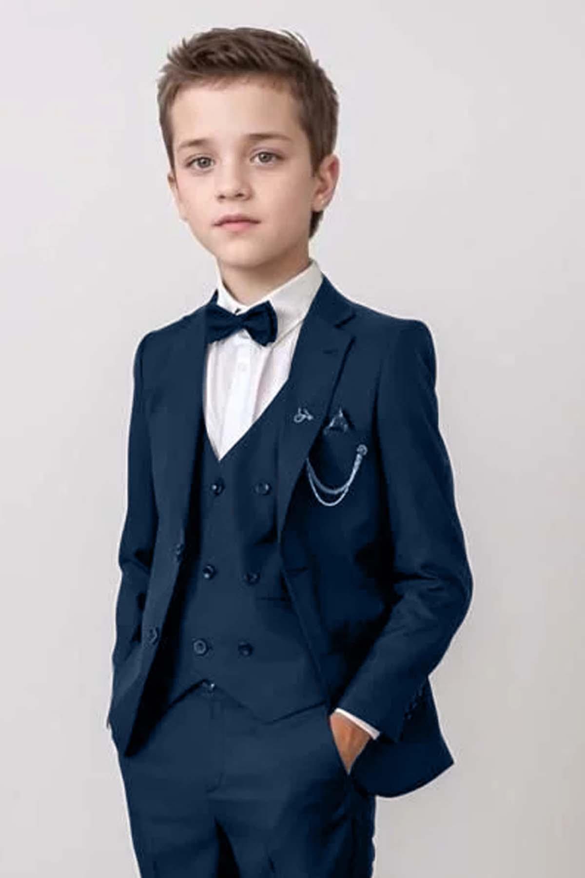 Riccotarz-Costum pentru băiat bleumarin cu jachetă și vestă de buzunar 10-16 ani 4