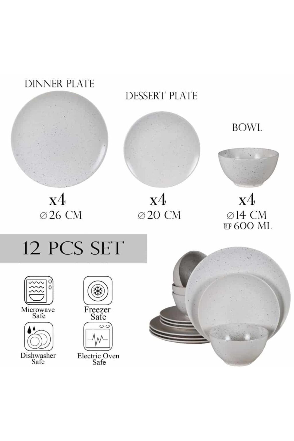 Cesiro-Set farfurii 12 piese, pentru 4 persoane, North Pole, Cesiro, Alb Mat cu puncte negre 2