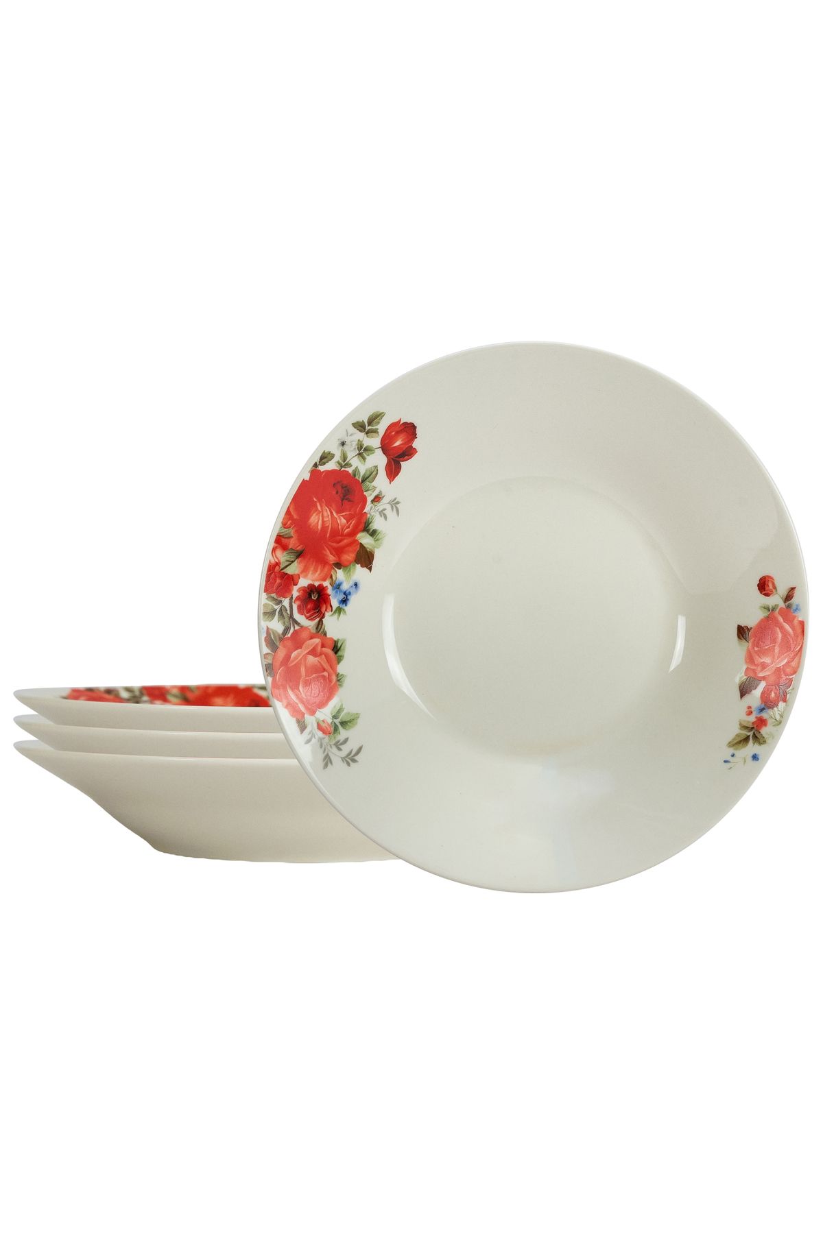Cesiro Set 4 Farfurii Adanci 20 Cm X 280 Ml, Pentru 4 Persoane, Cesiro Porțelan, Ivoire Cu Trandafir Rosu - One Size