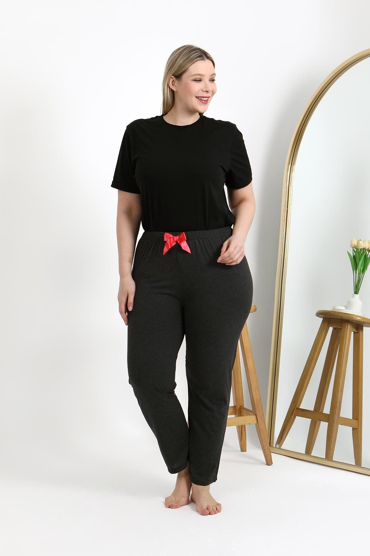 Akbeniz-بيجامة نسائية قطنية مقاس كبير - 27559 أنثراسيت 1