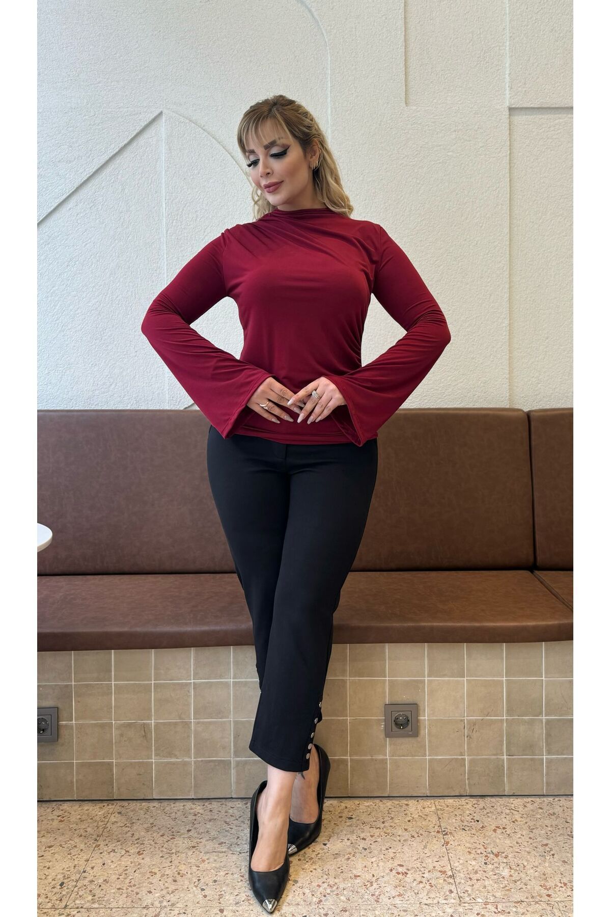 Butik Nilyam-Bluză elastică Sandy cu mânecă spaniolă, cu drapaj, mărime mare 7