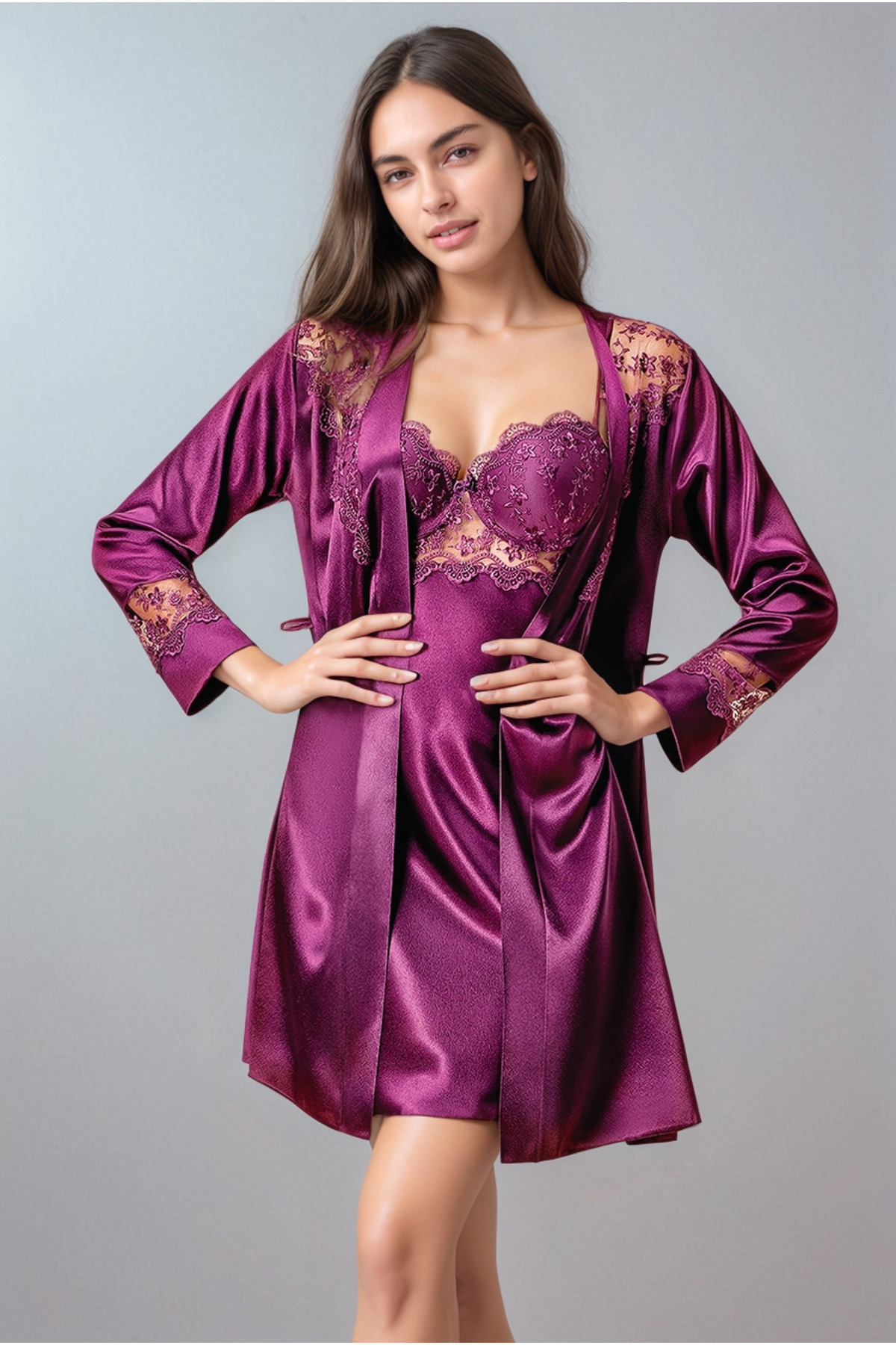 Soweto Kadın Askılı Göğüs Dantel Detaylı Kaplı Gecelik Sabahlık Mor Kimono Takım