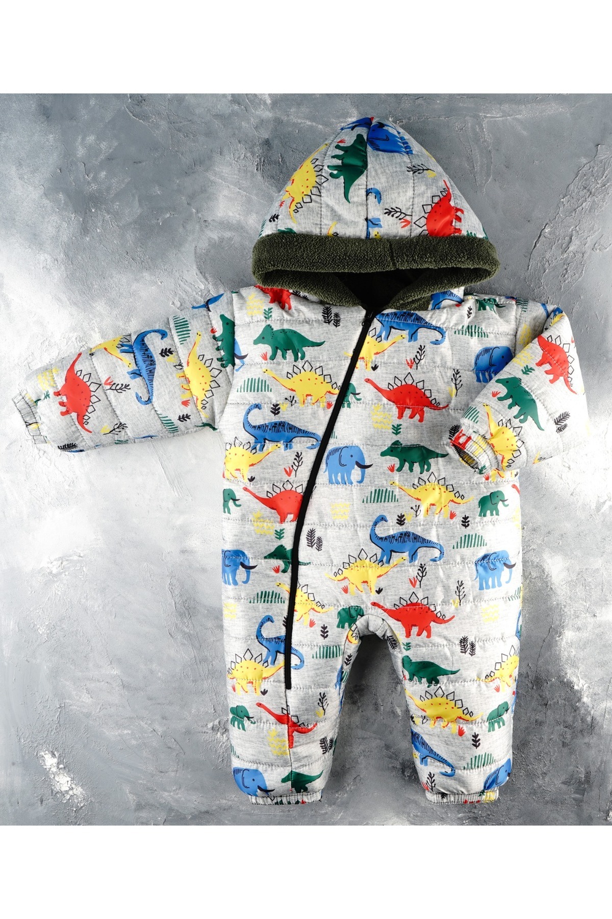 DUBLİNO KİDS Yeni Sevimli Dinazorlar Figürlü Fermuarlı Kapüşonlu Welsoft Kozmonot Tulum