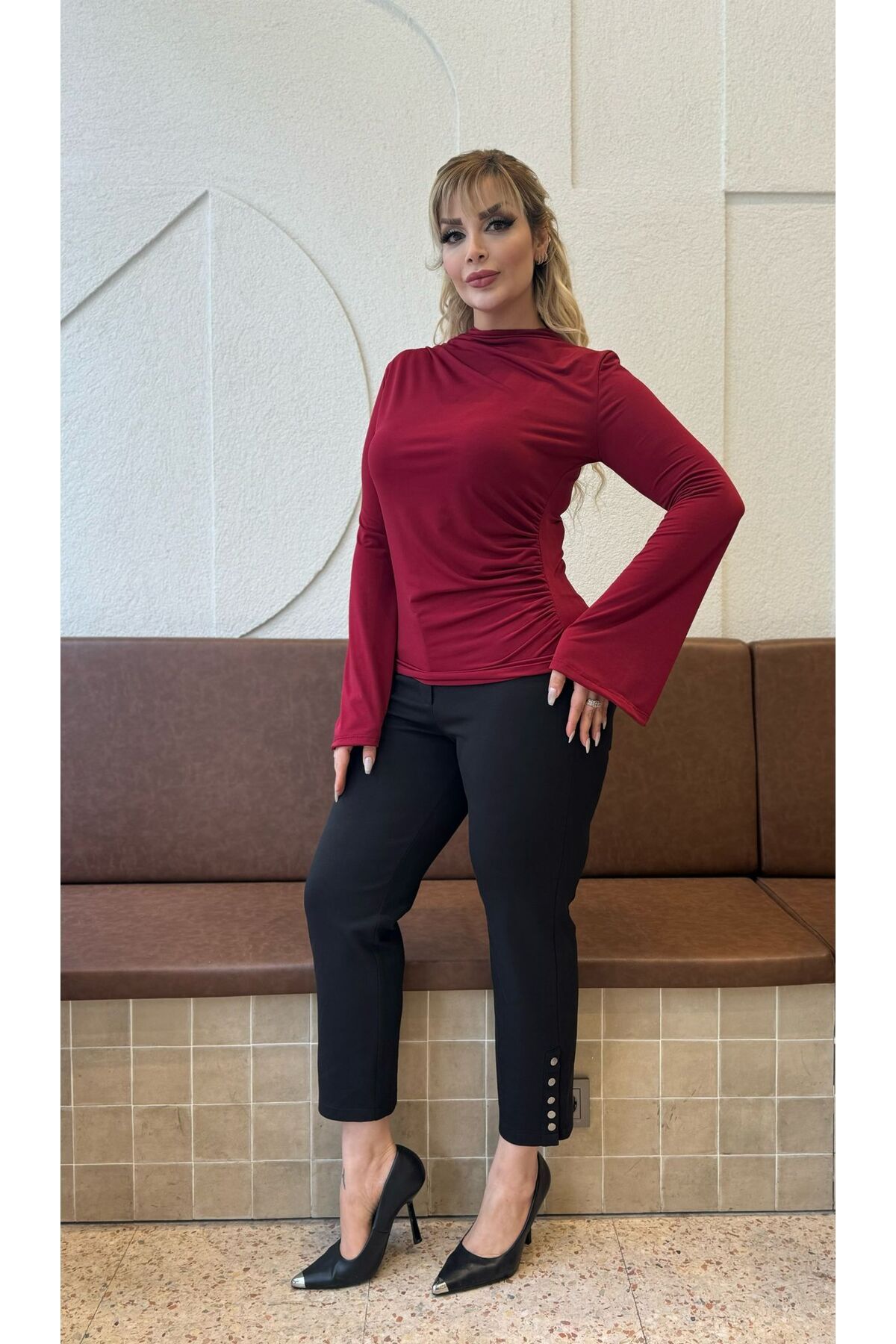 Butik Nilyam-Bluză elastică Sandy cu mânecă spaniolă, cu drapaj, mărime mare 2