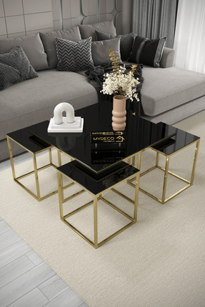 home plus mobilya Cakarta 5'li Gold Kaplama Siyah Aynalı Orta Sehpa & Zigon S...