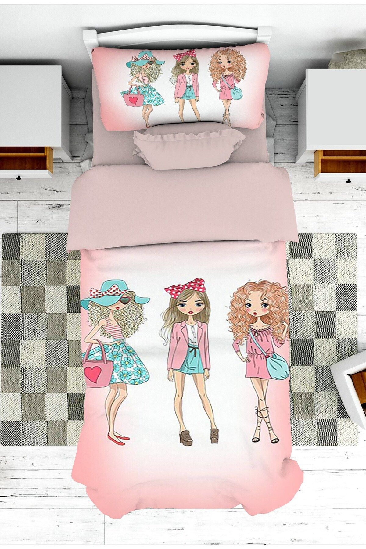 doku sanatı Bebek ve Çocuk Odası Fashion Girl Desenli Kız Çocuk Yatak Örtüsü ve Yastık Kılıfı Pike