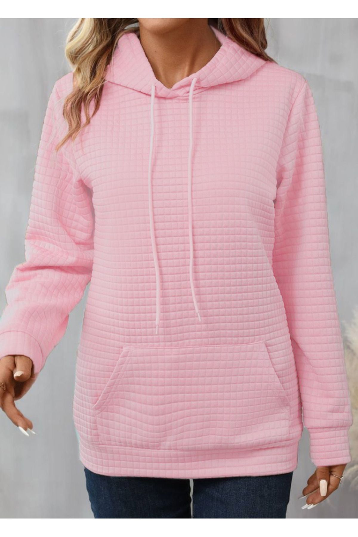 MİRACOTTON Kadın Uzun Kollu Kapşonlu Bağcıklı Cepli Capitone Sweatshirt