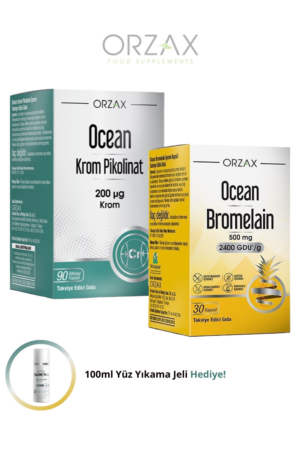 Ocean Krom Pikolinat 90 Kapsül - Bromelain 30 Kapsül (Formunu Yakala Seti) + Facial Cleanser 100ml Hediye