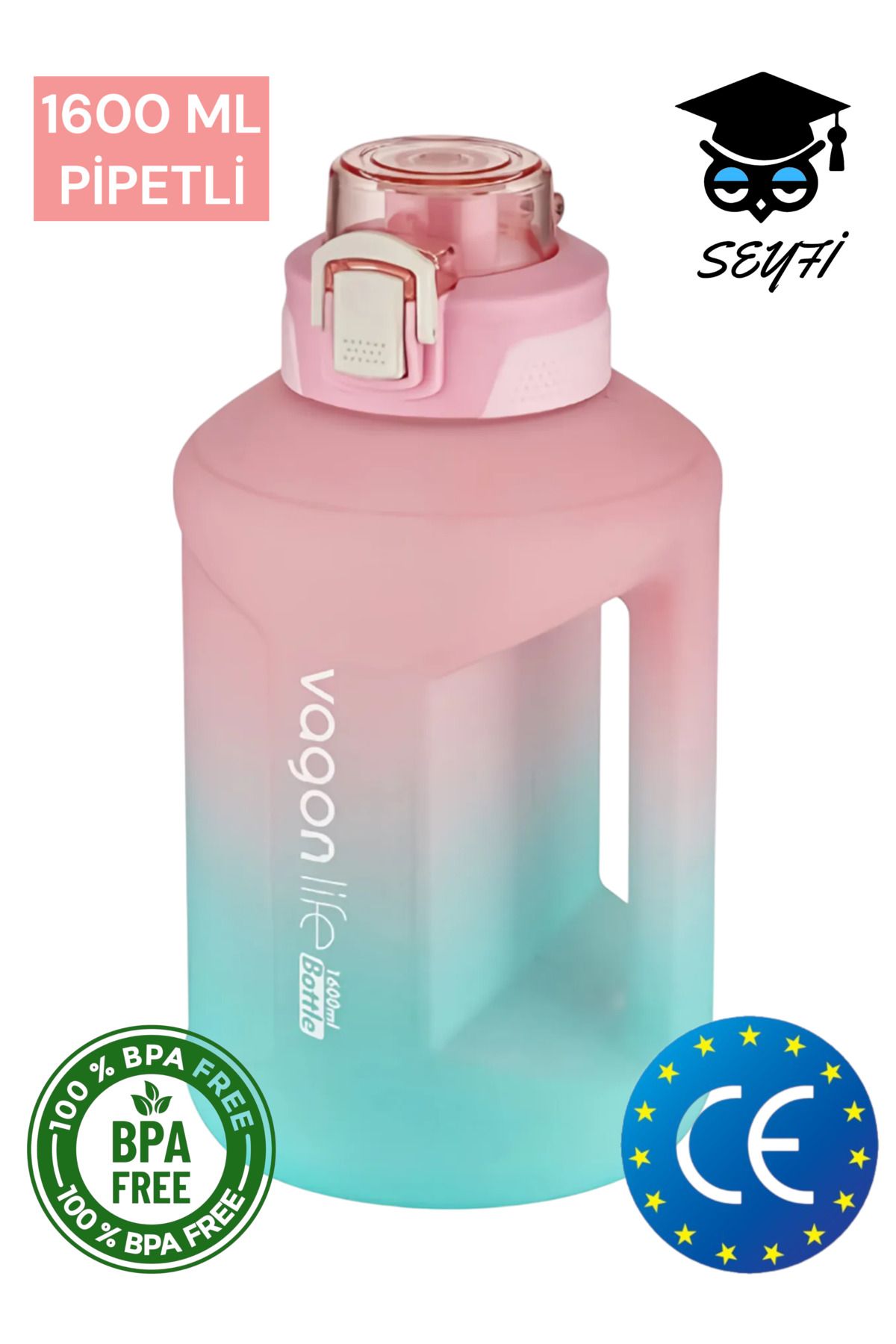 Vagonlife 1600 Ml Çift Renk Pipetli Taşıma Askılı ve Kulplu Motivasyon Su Matarası Vagonlife 2307