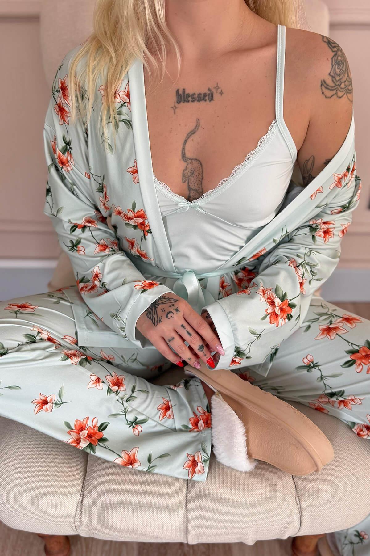 Pijamaevi Mint Floral Breeze Exclusive Örme Sabahlıklı Kadın Pijama Takım görsel 5